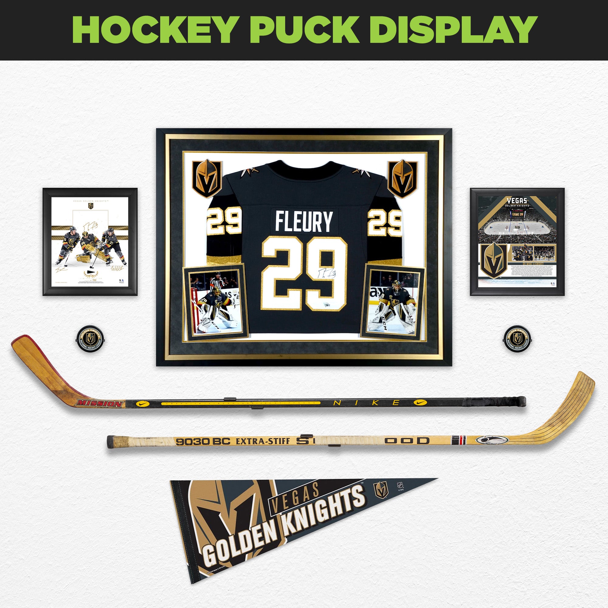 Golden Knights Hockey display featuring HIDEit Hockey Puck Mounts and HIDEit Hockey Stick Wall Mounts.