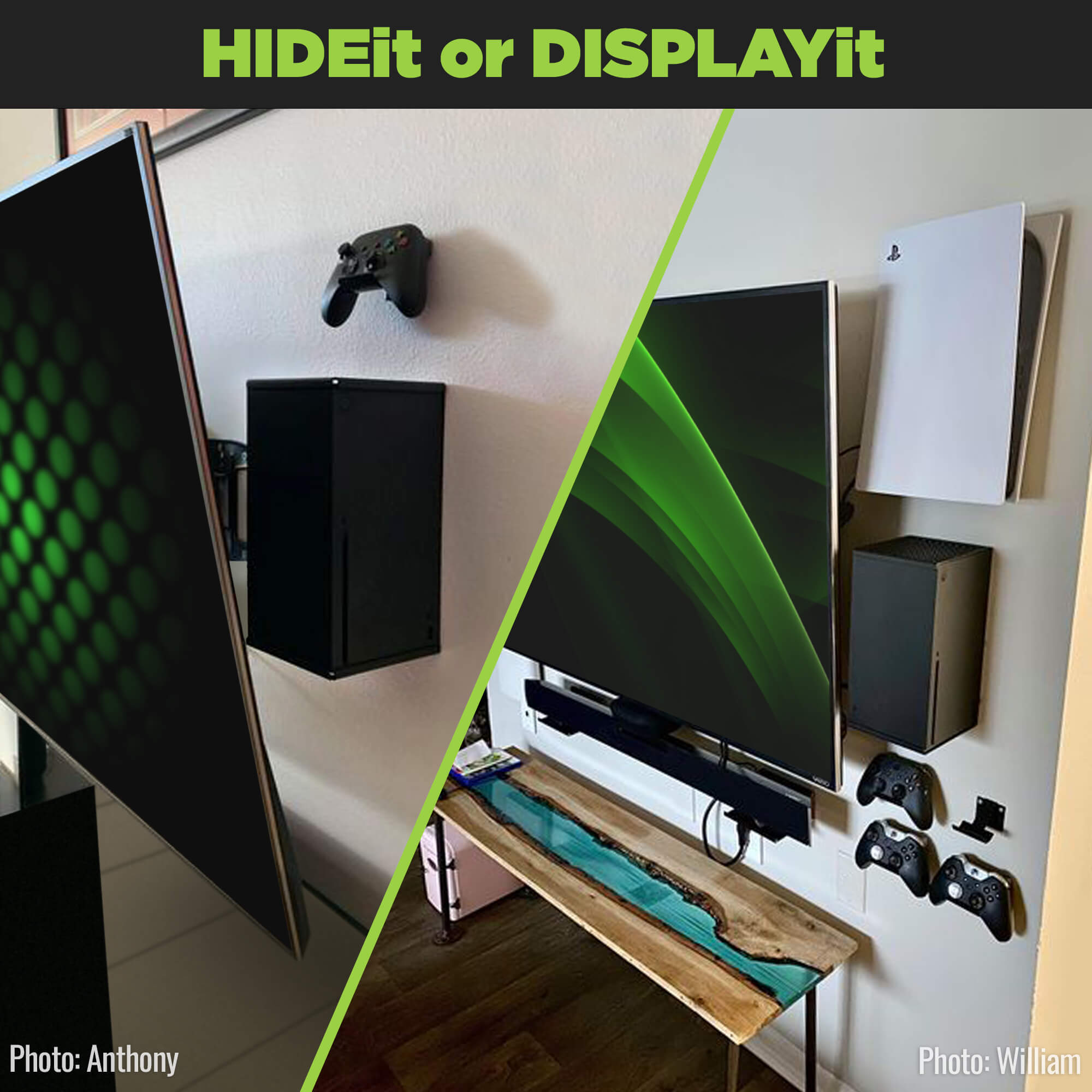 Xbox Series X mounted on the wall hidden behind a wall-mounted TV or displayed next to a TV. Shown with new Xbox controller and wall mounted PS5 console