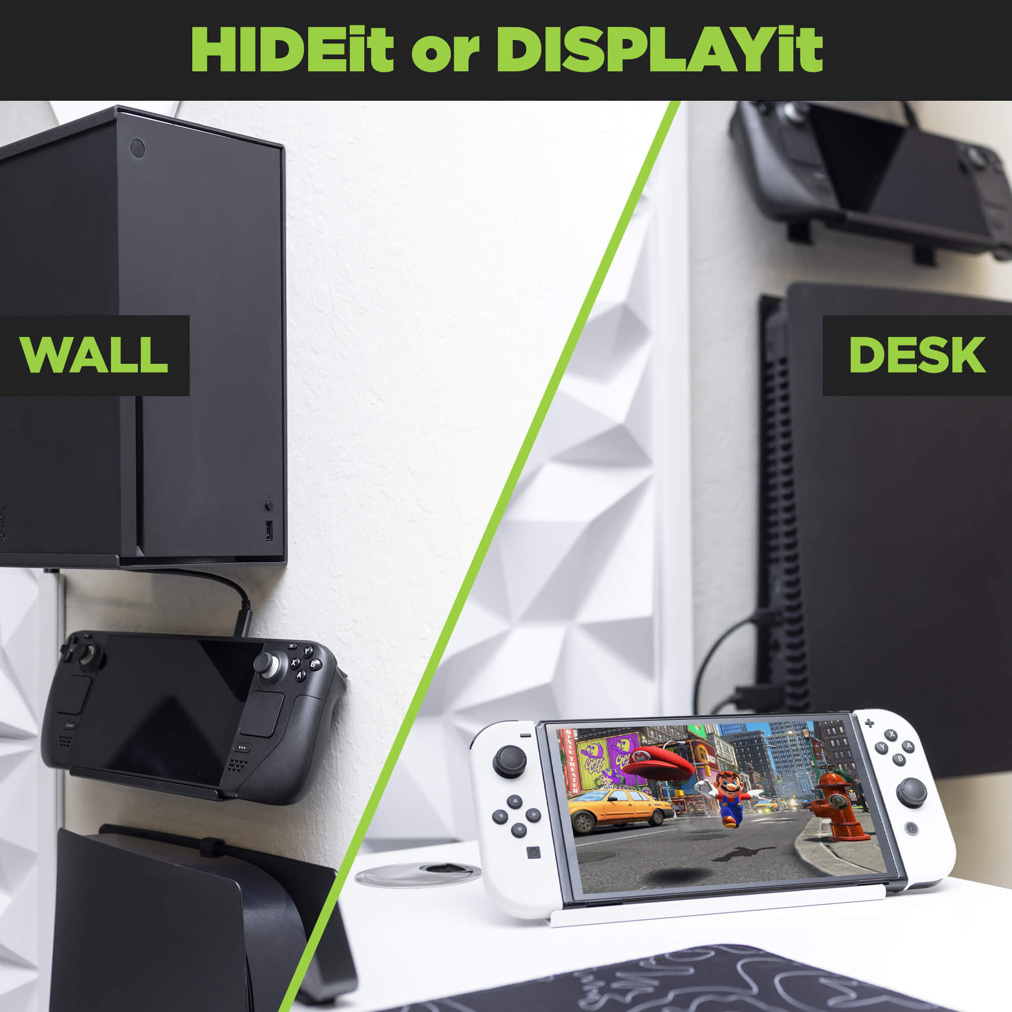 The HIDEit Mount for Steam Deck and handheld gaming devices works as a wall mount, pegboard mount, or stand on desk.