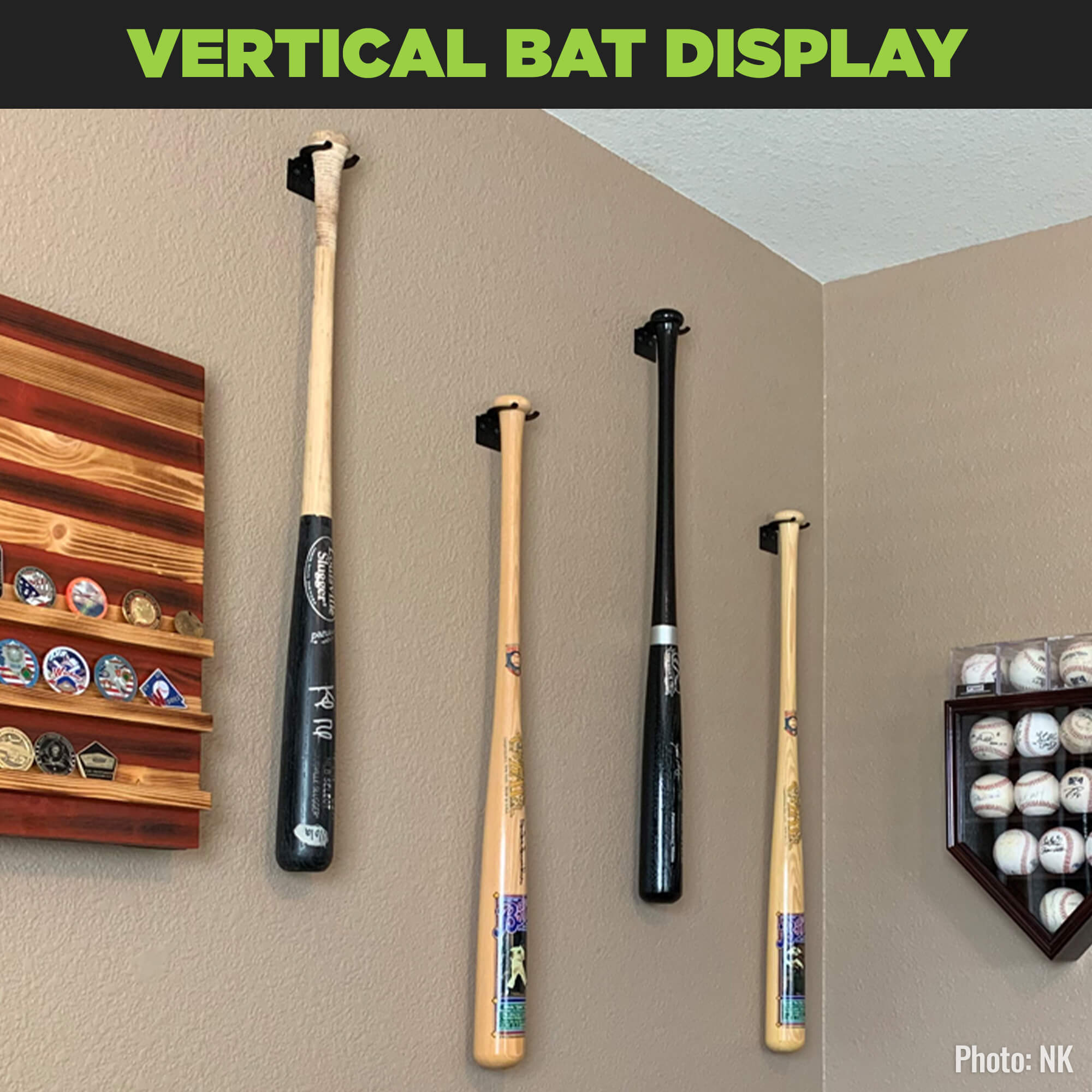 Multiple baseball bats wall mounted in vertical bat mounts by HIDEit Mounts.