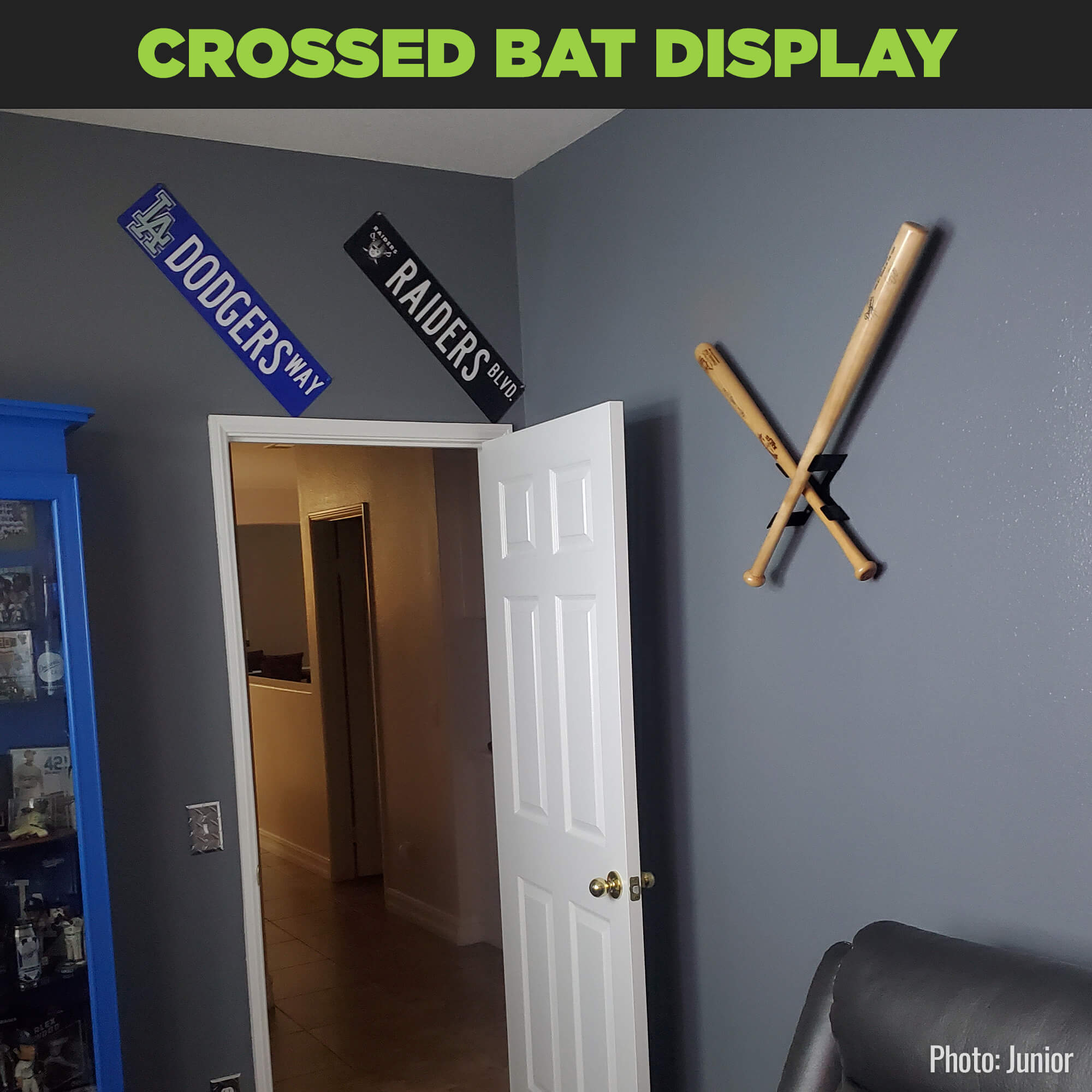 Two baseball bats displayed on the wall in the HIDEit XBat Crossed Bat Wall Mount.