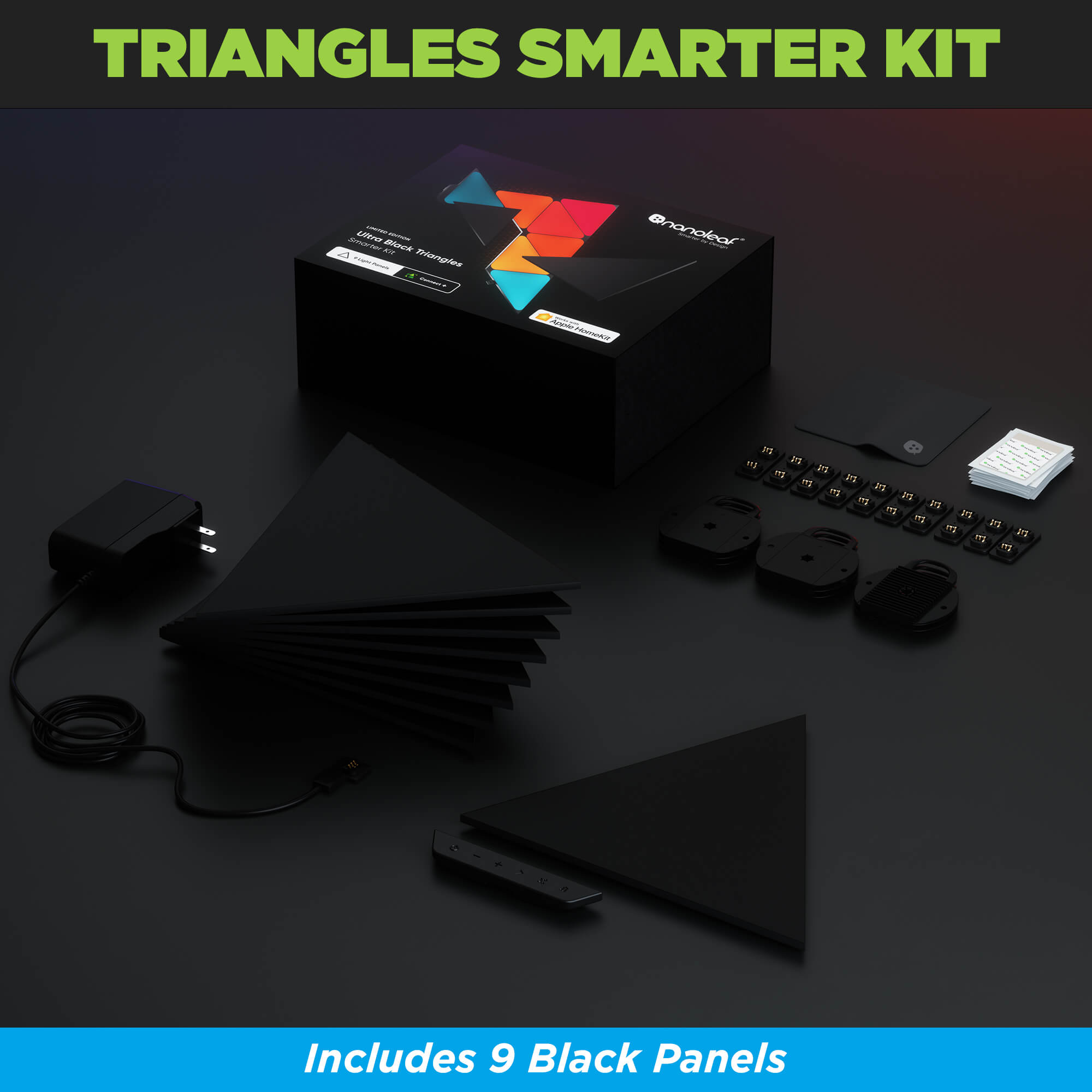 Ultra Black Triangles Smarter Kit from Nanoleaf comes with 9 panels.