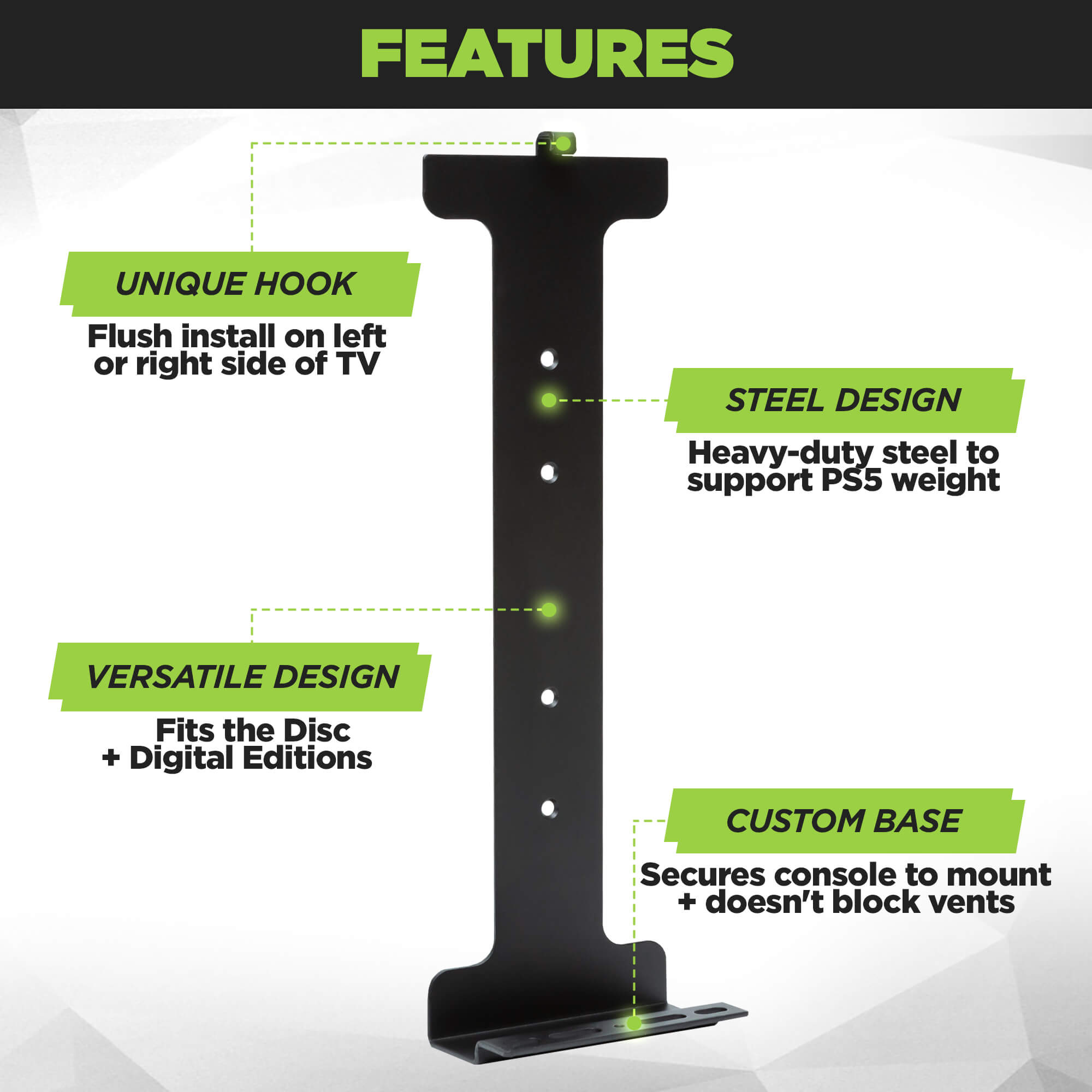 Sony Secure Mounting Mechanism helps to secure the PS5 in the HIDEit Wall Mount. Base of the wall mount supports most of the PS5 weight.