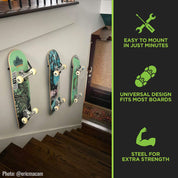 Complete skateboards wall mounted along staircase using HIDEit Mounts Display Skateboard Mounts.