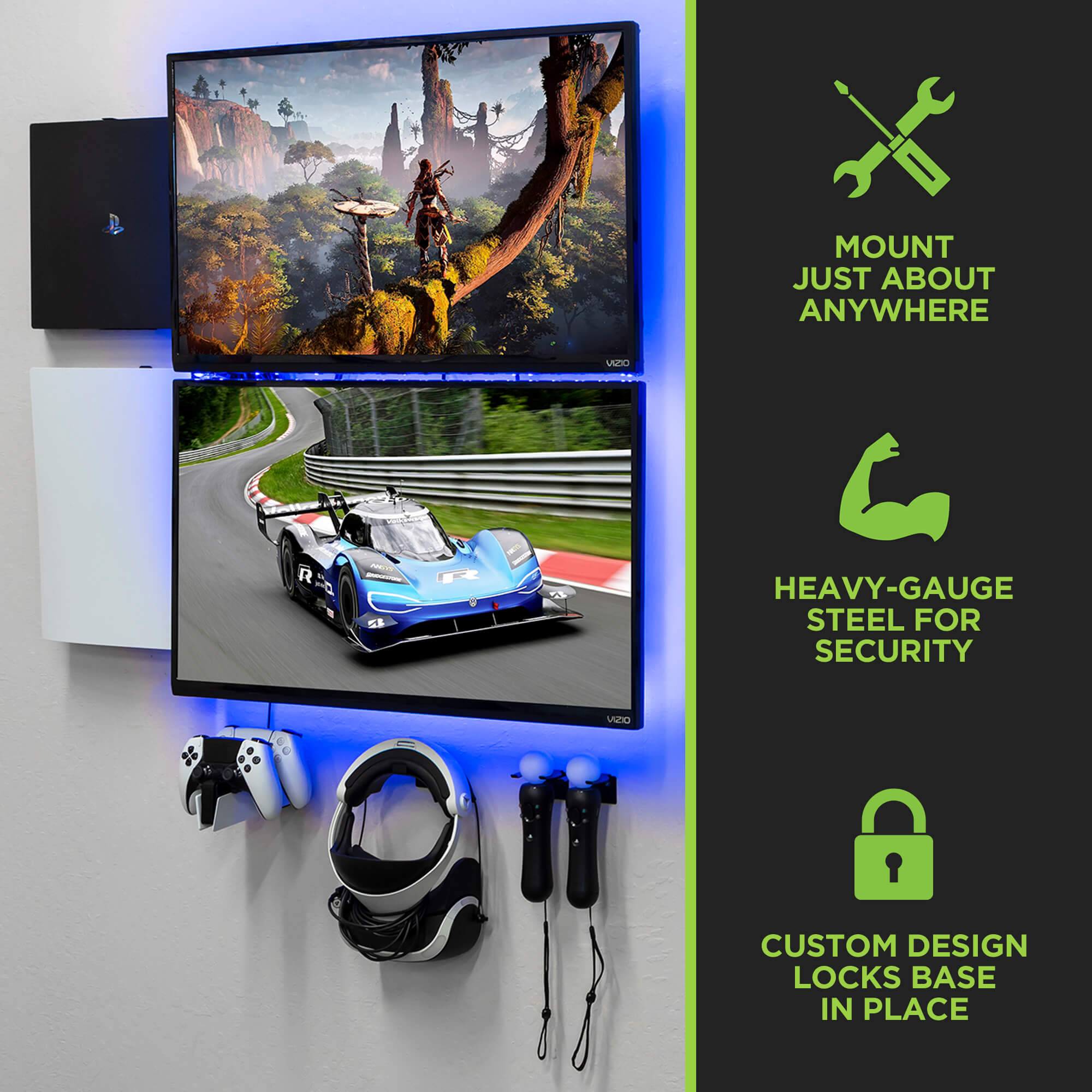 The PS5 DualSense charging station is wall mounted in a HIDEit Mount under a TV for easy gaming access.