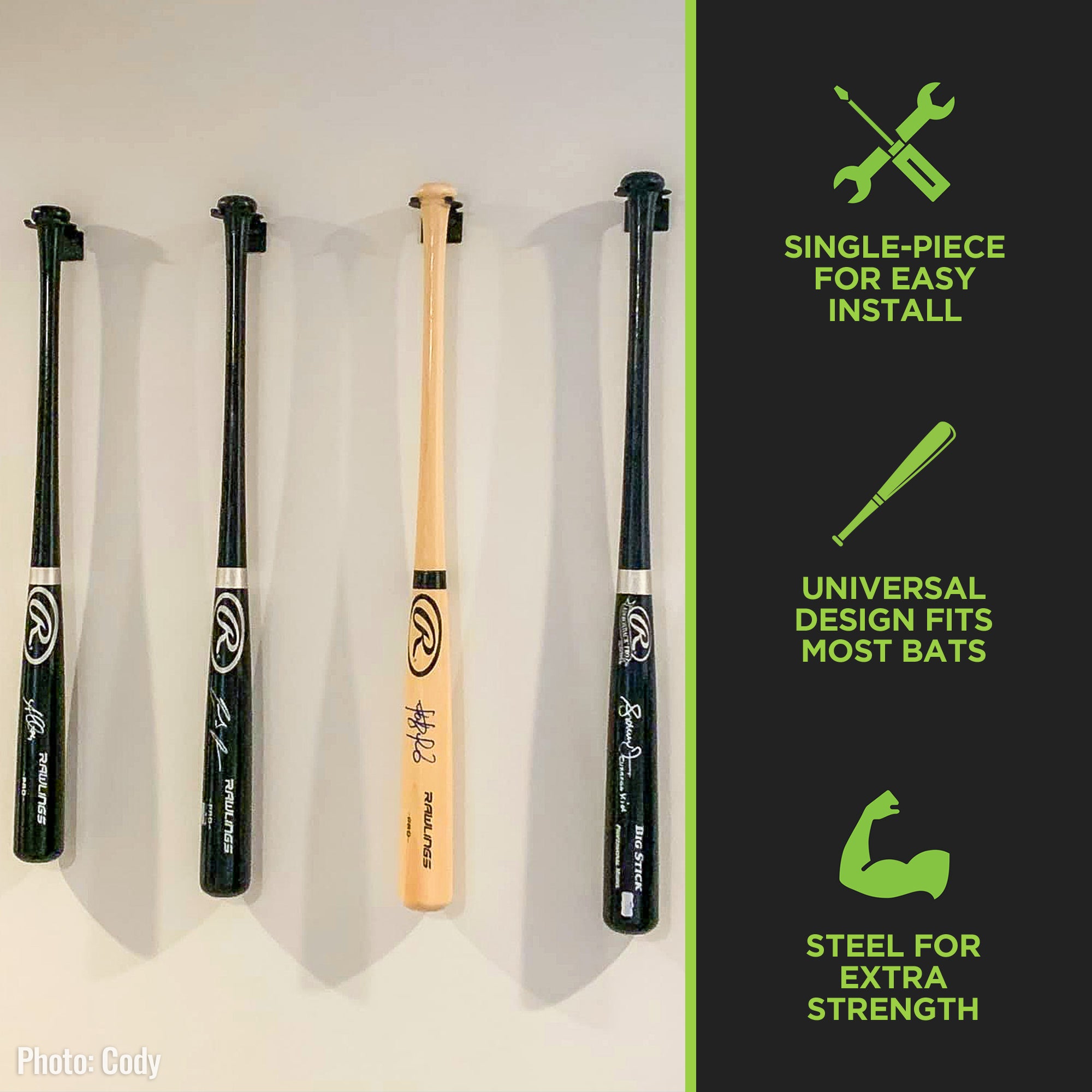 Signed baseball bats wall mounted in a game room using HIDEit Mounts universal bat holder.