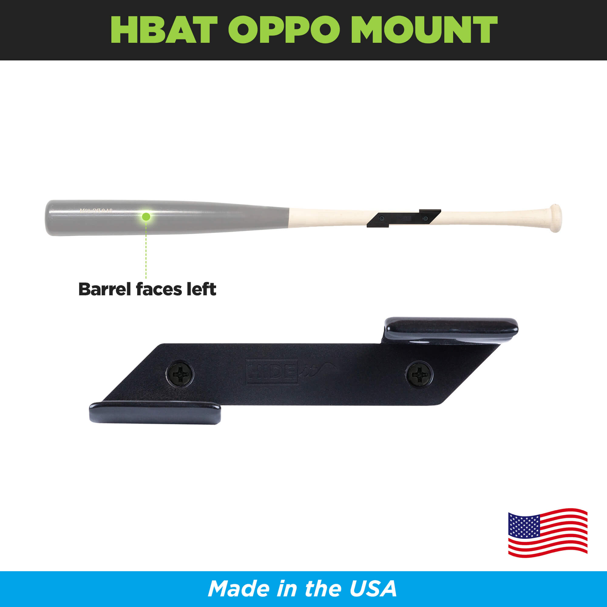 HIDEit Mounts HBat Oppo Mount. This Horizontal Left-Facing Baseball Bat Mount is Made in America by an American Company.