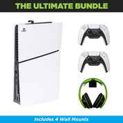 The PS5 Slim Wall Mount Ultimate Bundle comes with HIDEit PS5 Slim Wall Mount, 2 PlayStation Controller Mounts and 1 Headset Wall Mount.