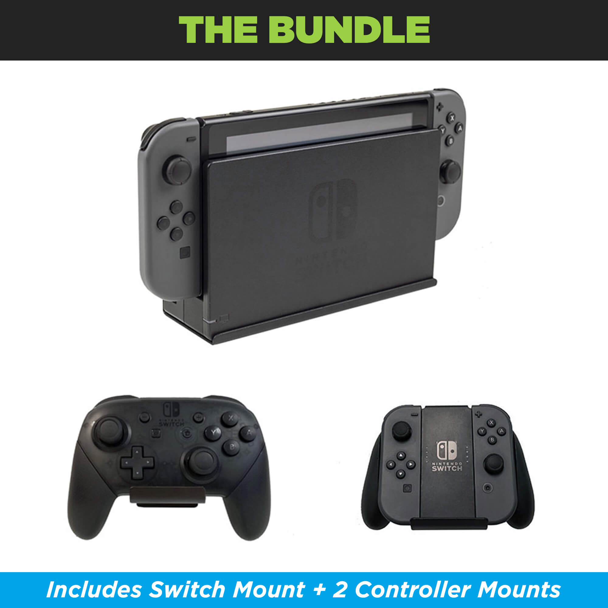 HIDEit Mounts Switch Bundle pack with a Switch wall mount and two controller wall mounts with the Nintendo Switch console, Joy-Con Controllers and Switch Pro Controller.