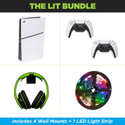 The PS5 Shelf Wall Mount Lit Bundle comes with 1 HIDEit 5S Wall Mount, 2 Controller Wall Mounts, 1 Headset Wall Mount and 1 LED Strip.