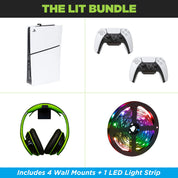 The PS5 Slim Wall Mount Lit Bundle comes with 1 HIDEit PlayStation 5 Slim Wall Mount, 2 Controller Wall Mounts, 1 Headset Wall Mount and 1 LED Strip.