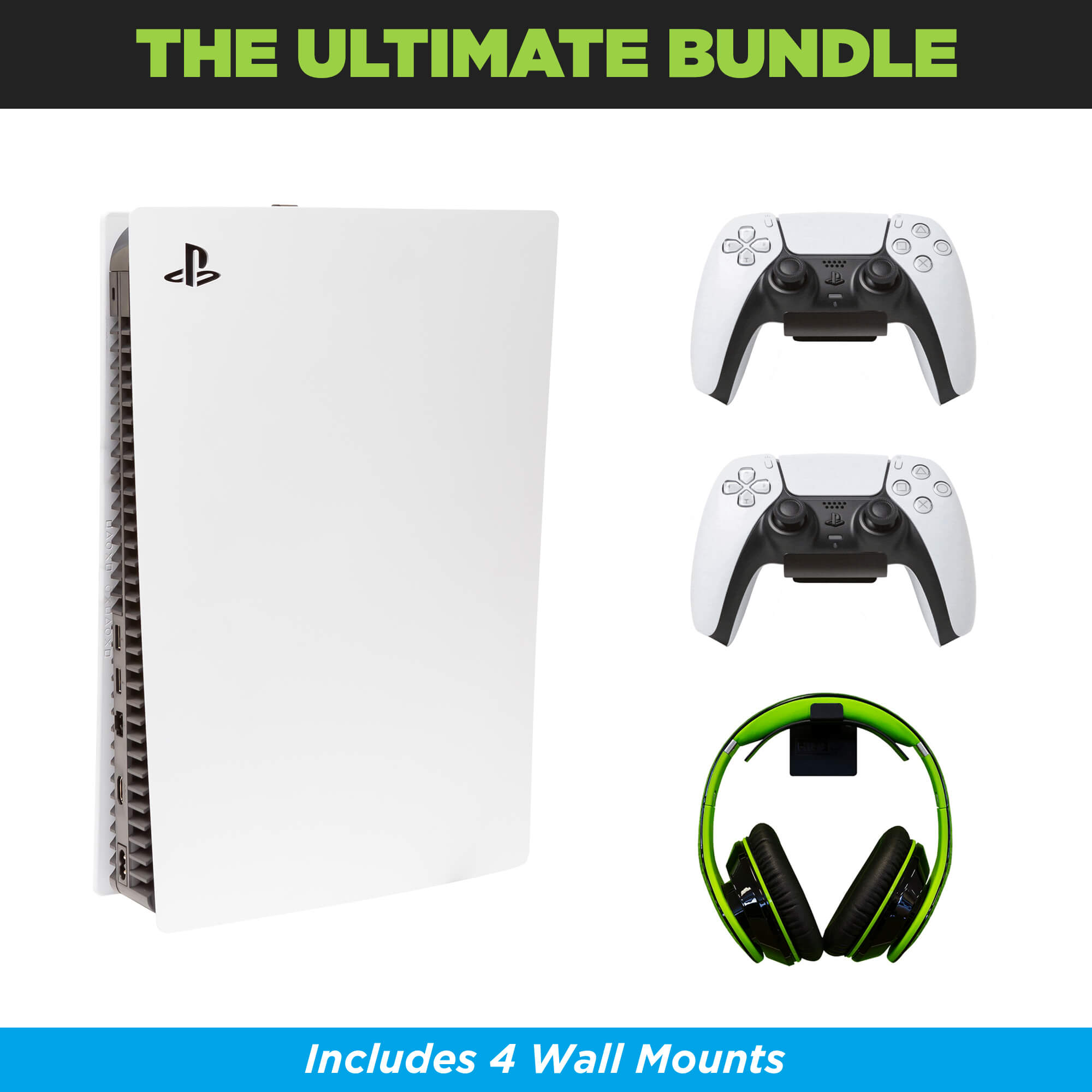 The PS5 Wall Mount Ultimate Bundle comes with HIDEit PS5 Wall Mount, 2 PlayStation Controller Mounts and 1 Headset Wall Mount.