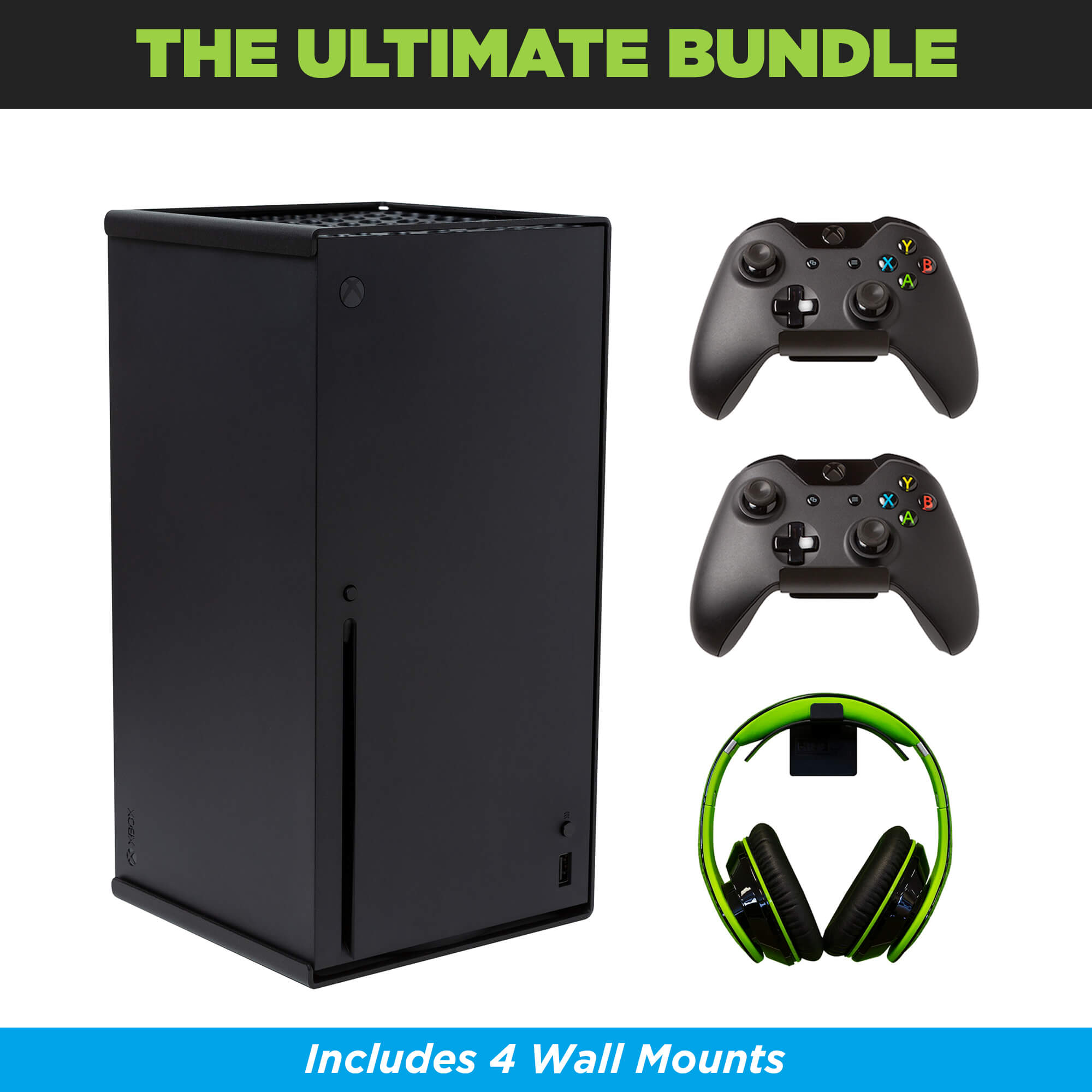 The Xbox Series X Wall Mount Ultimate Bundle. Comes with HIDEit Series X Wall Mount, 2 Xbox Controller Mounts and 1 Headset Wall Mount.