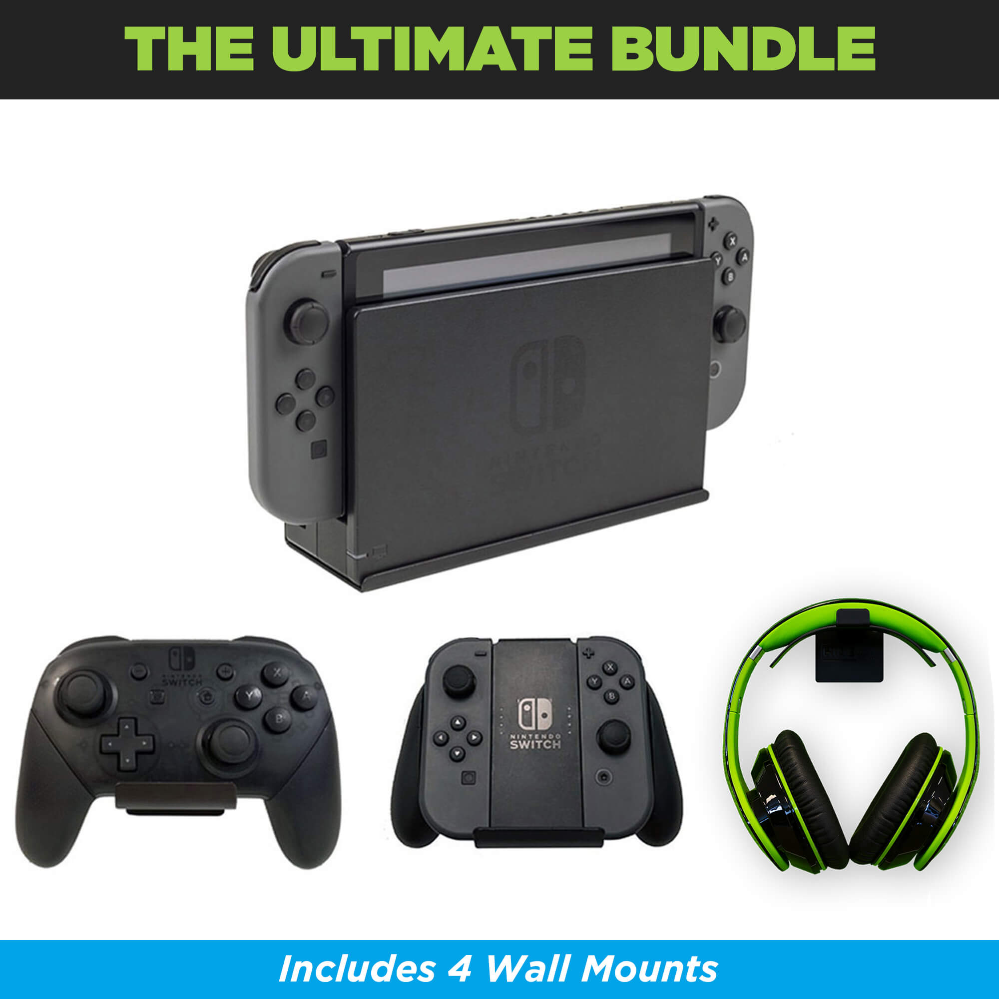 The Ultimate Nintendo Switch Dock Wall Mount Bundle. Comes with HIDEit Switch Wall Mount, 2 JoyCon Controller Mounts and 1 headset wall mount.