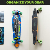 Vertically wall mounted skateboard using HIDEit Vertical Skateboard Hanger Mount.