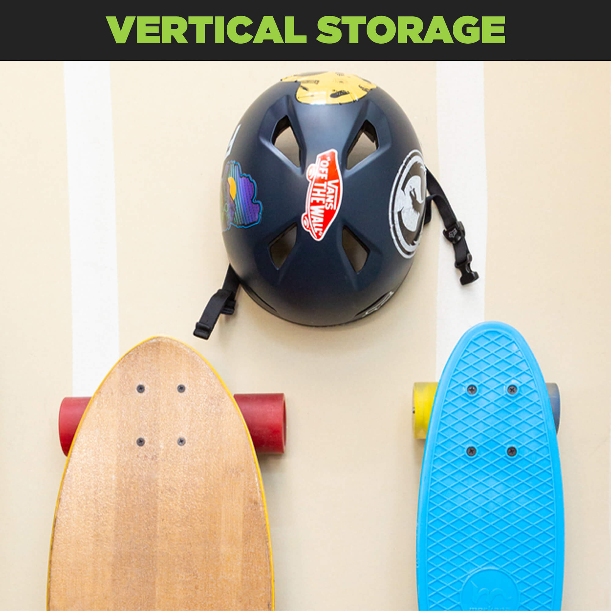 Vertical skateboard storage solution using HIDEit Skateboard Wall Mount.