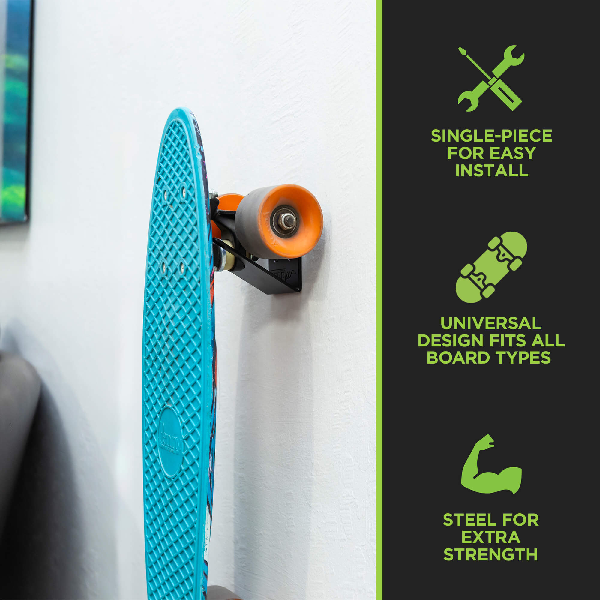 HIDEit VSkate Mount for complete skateboards is a single-piece, steel mount.