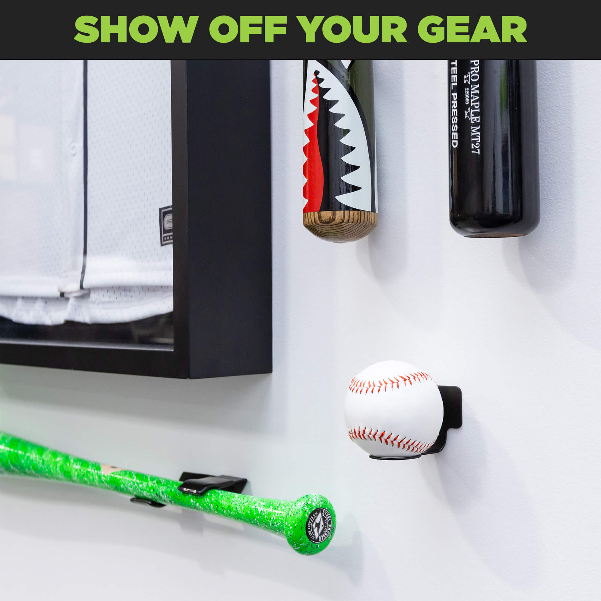 Wall mounted baseball in a HIDEit Ball-S Small Ball Wall Mount.