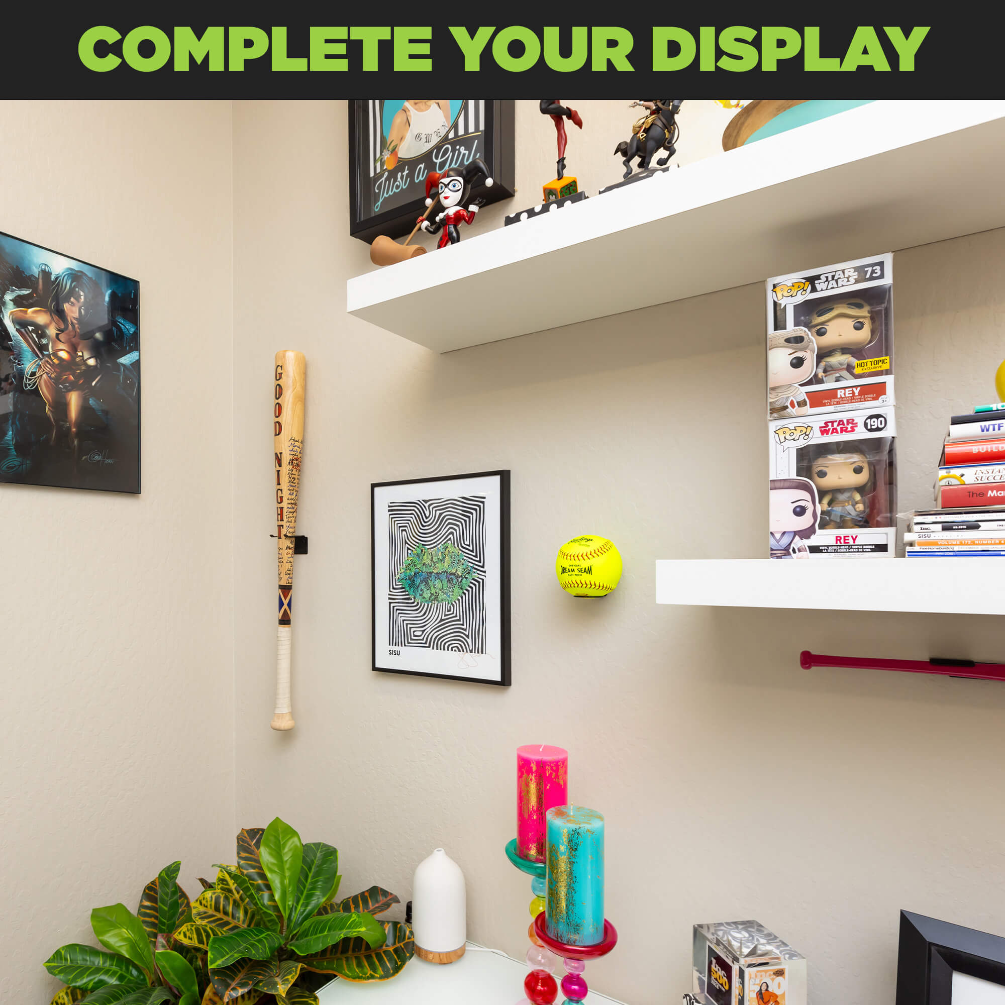 Softball display in an office showing softball wall mounted using HIDEit Ball-M Wall Mount.