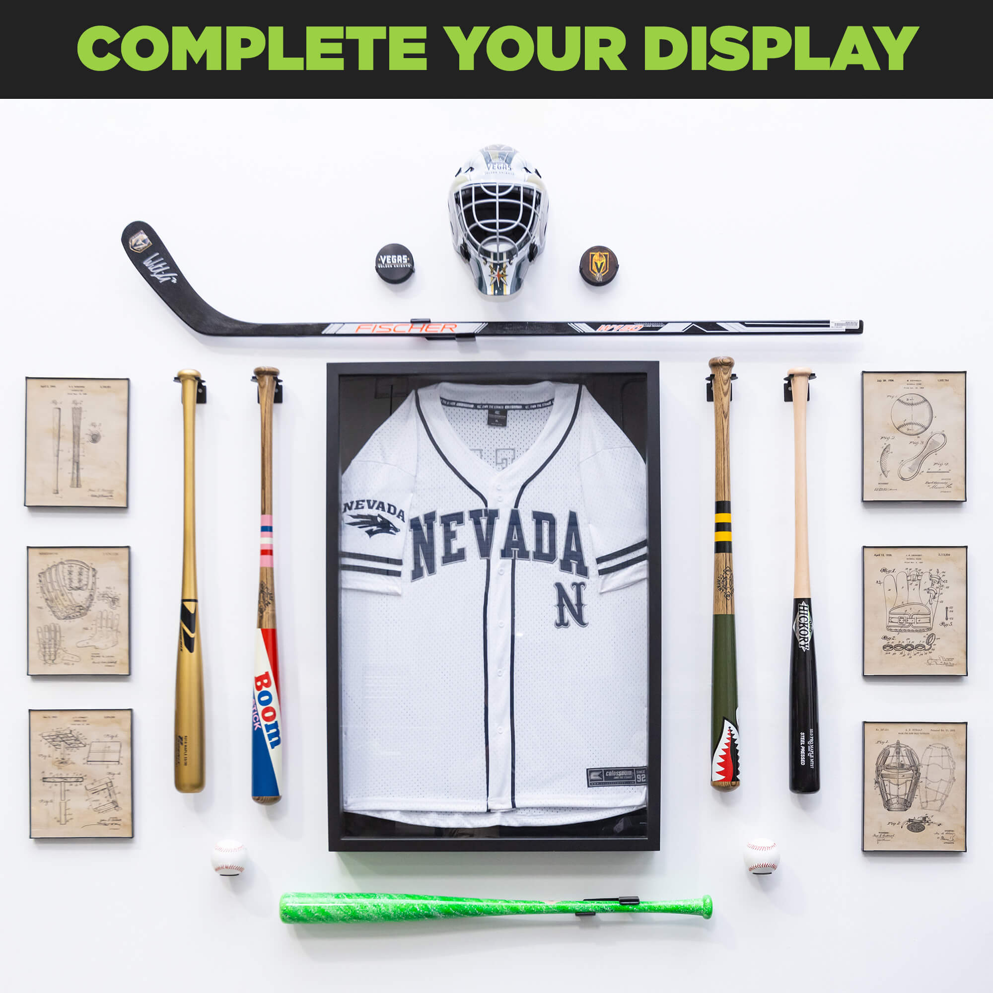 Baseball display showing two baseballs wall mounted using HIDEit Baseball Wall Mount.