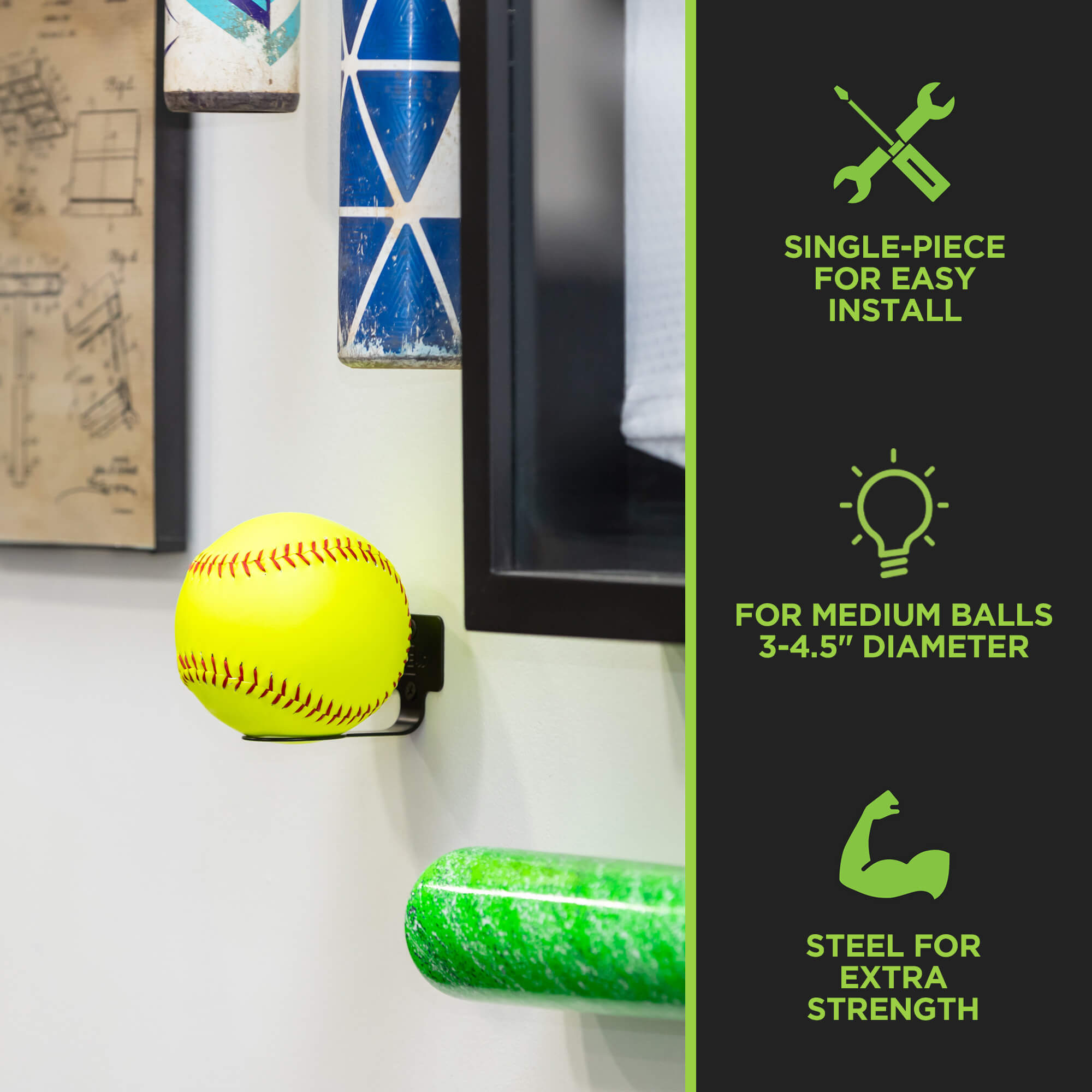 Custom designed HIDEit softball holder for wall using the HIDEit Ball-M Mount.