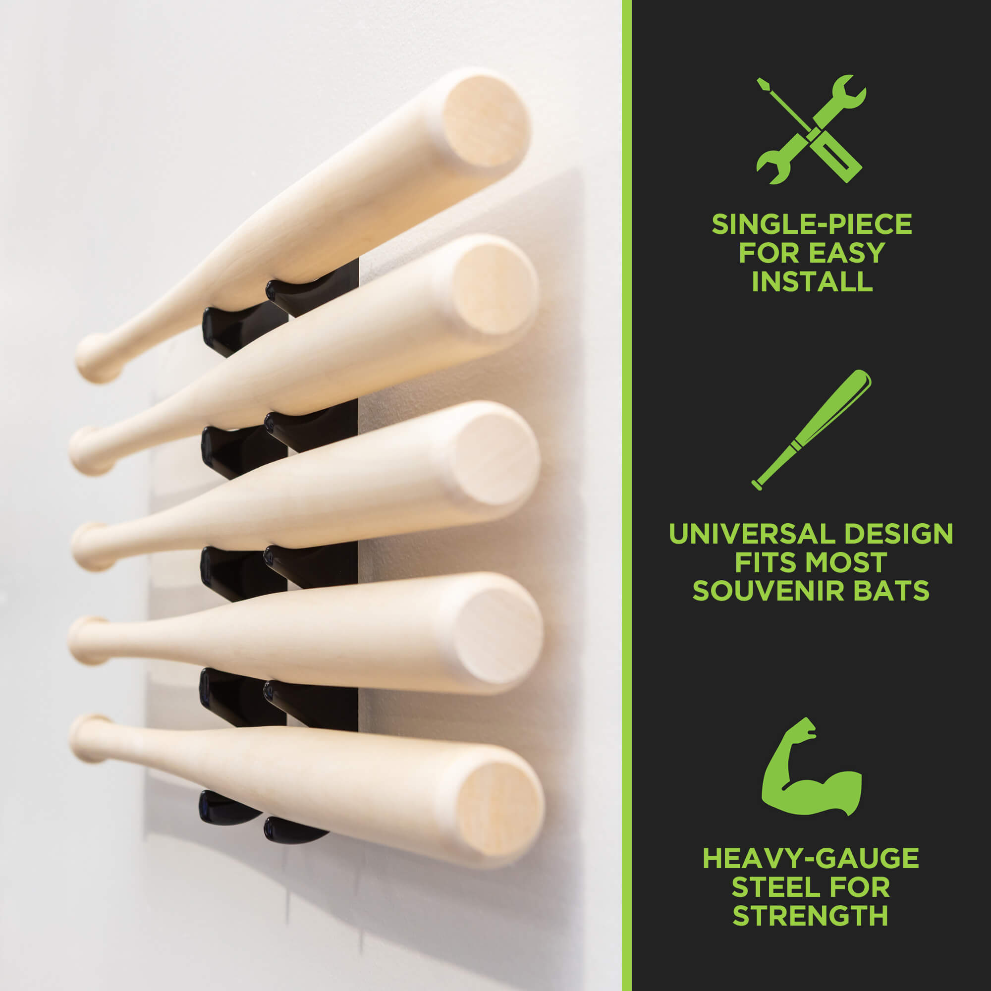 HIDEit Mini Bat Mount is a single-piece, steel mini bat rack designed to display 5 mini baseball bats. Side view shown.