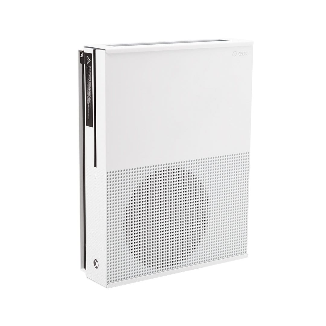 White Xbox One S in a white steel HIDEit Xbox One S Mount
