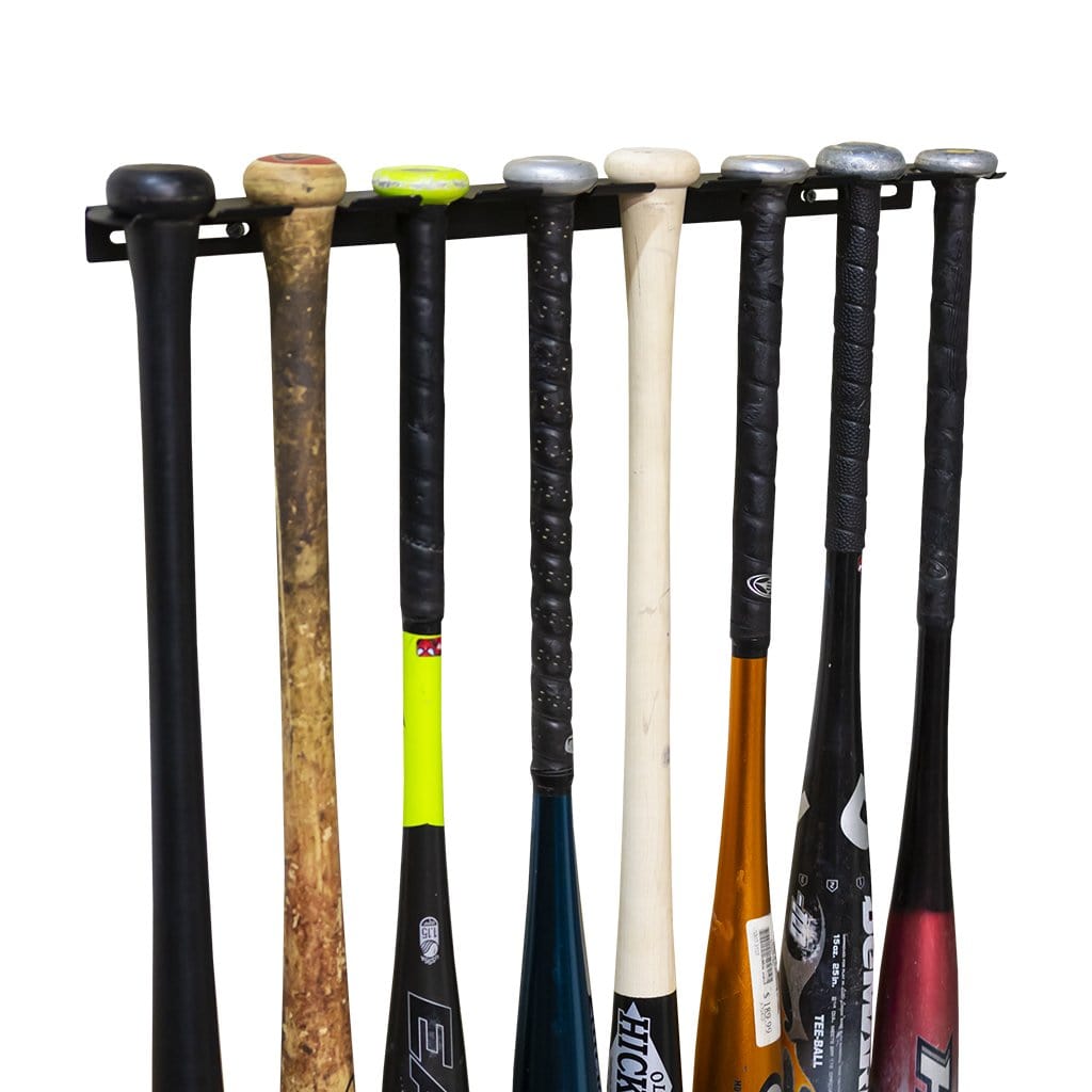 HIDEit Mounts vertical bat mount with eight baseball bats, softball bats, wooden baseball bats and youth baseball bats.