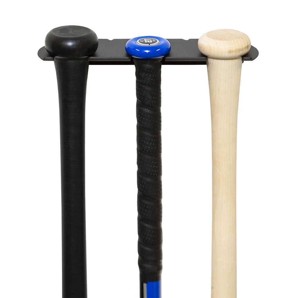 Drop 3 Bat, Youth Bat, and Adult Bat securely wall mounted in a HIDEit SPORTS Triple Bat Mount. 