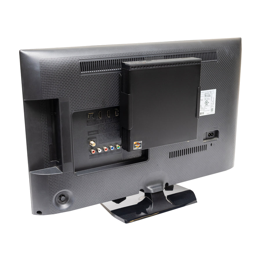 Lenovo ThinkCentre Mini PC in the HIDEit Lenovo ThinkCentre Mount VESA mounted to the back of a computer monitor.