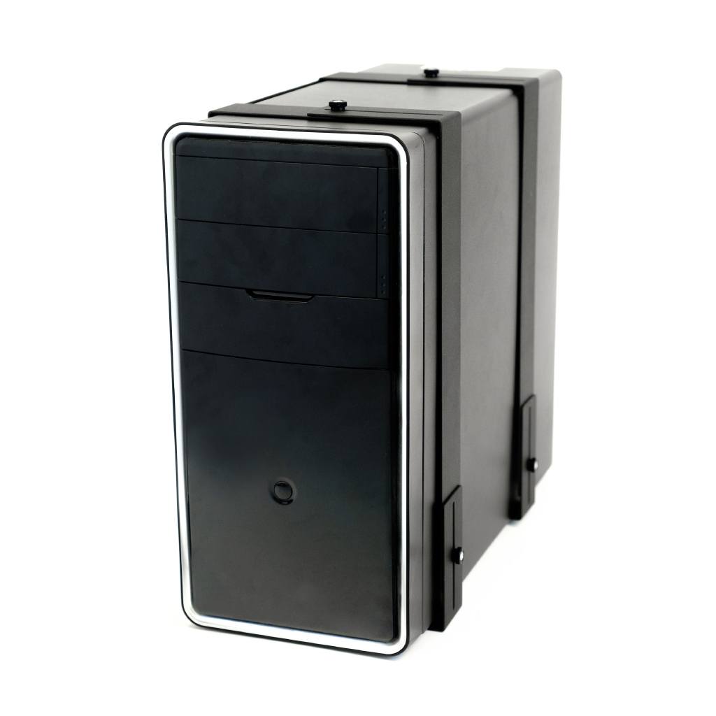 PC Tower securely held in the HIDEit Uni-LXW, designed to wall mount computers.
