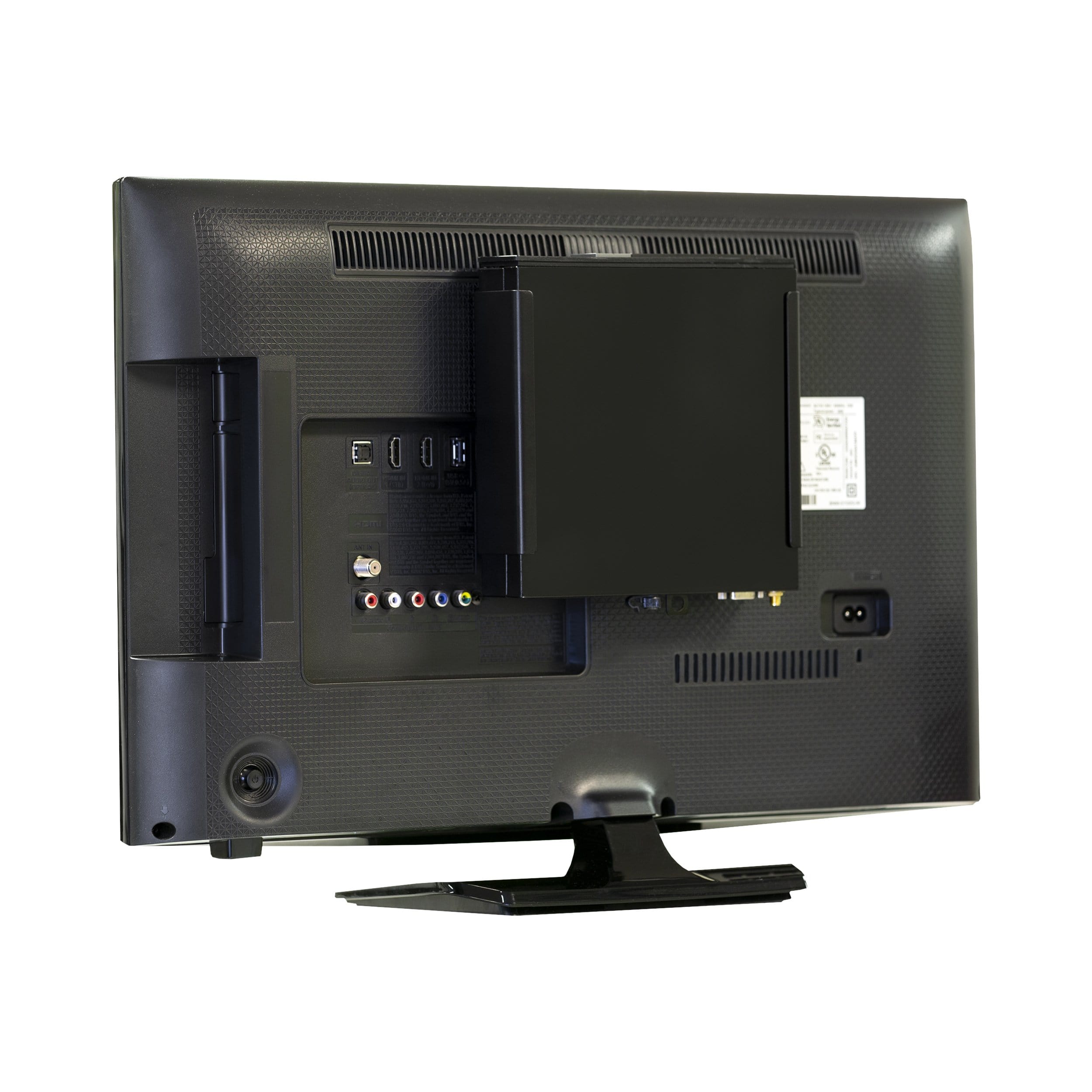 Dell Optiplex VESA mounted to the back of a computer monitor in the HIDEit Dell Optiplex Micro VESA Mount.