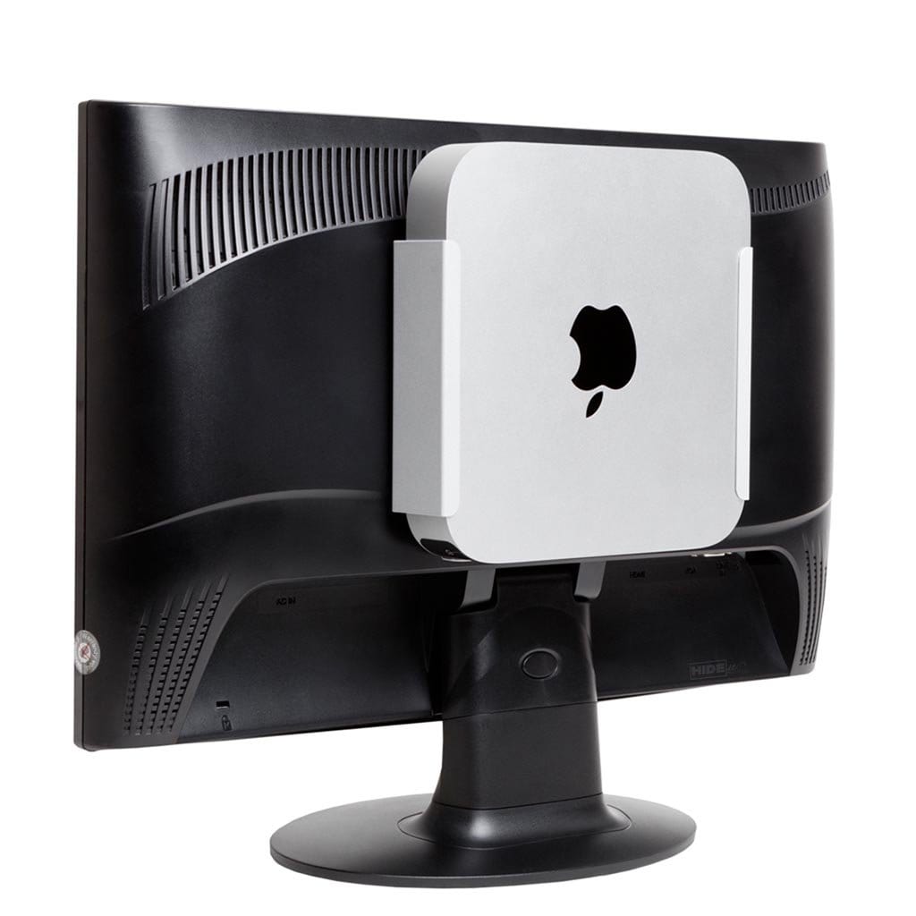 Mac Mini mounted to back of computer monitor using a silver MiniU HIDEit Mount.