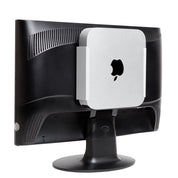 Mac Mini mounted to back of computer monitor using a silver MiniU HIDEit Mount.