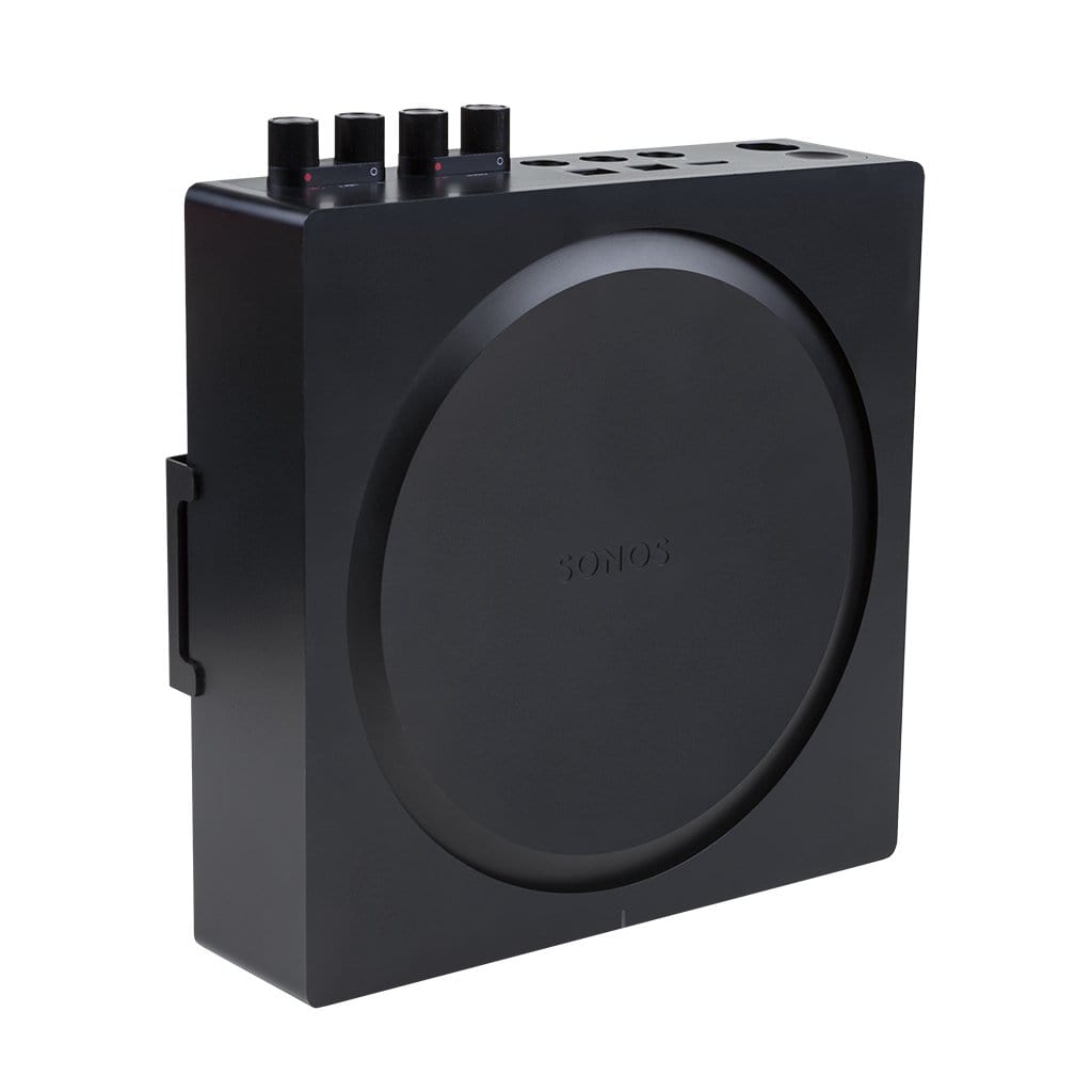 The Sonos Amplifier mounted in a black, steel HIDEit S-Amp Mount, designed for wall mounting.