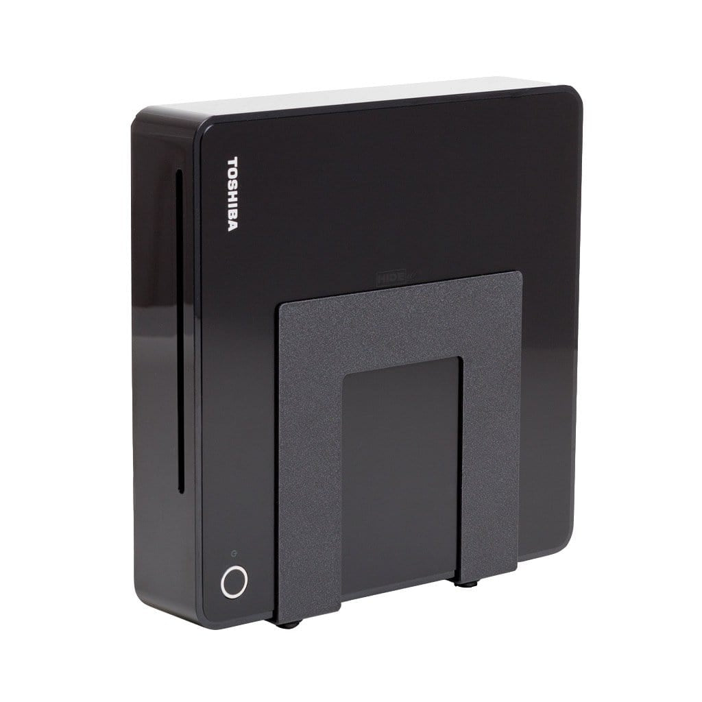 Black adjustable steel HIDEit mount holds small electronics and cable box.
