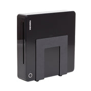 Black adjustable steel HIDEit mount holds small electronics and cable box.