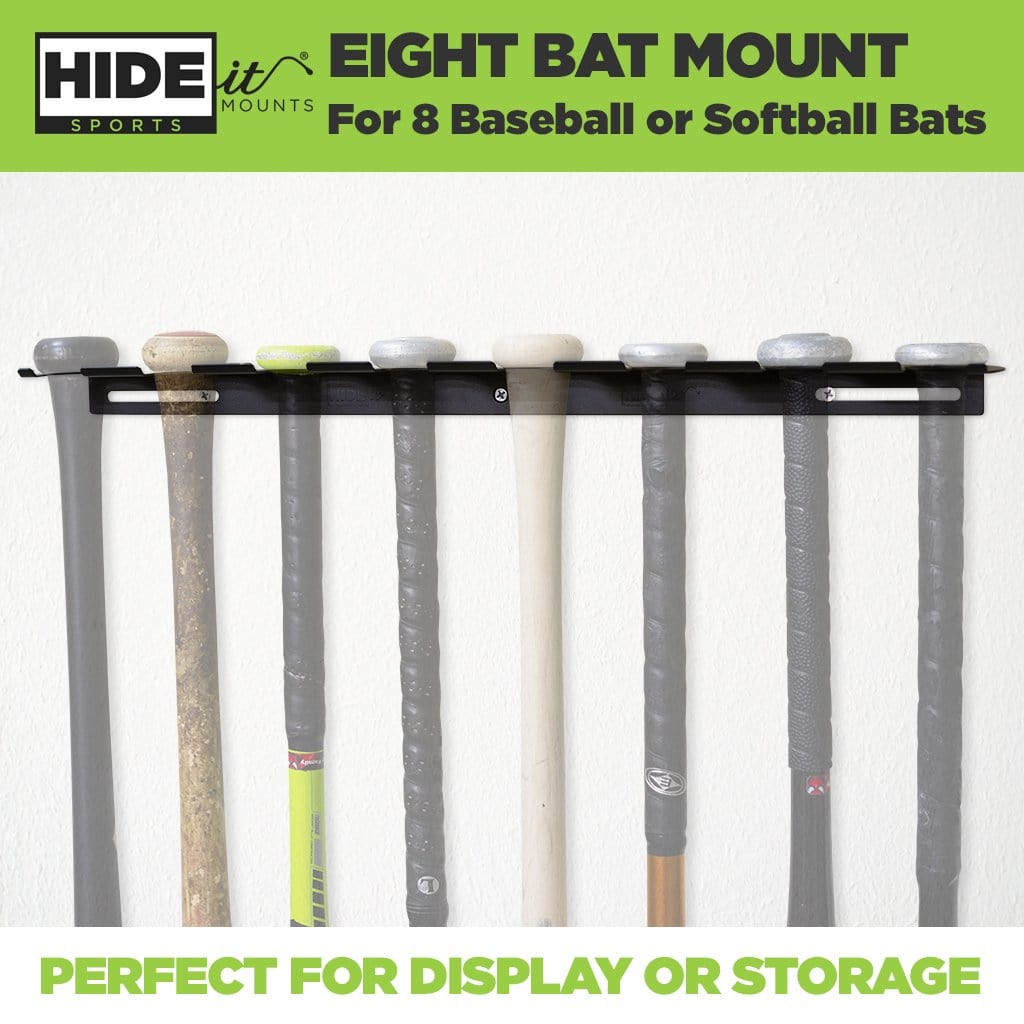 Eight greyed out baseball bats and softball bats mounted in the new wall mount for eight bats.