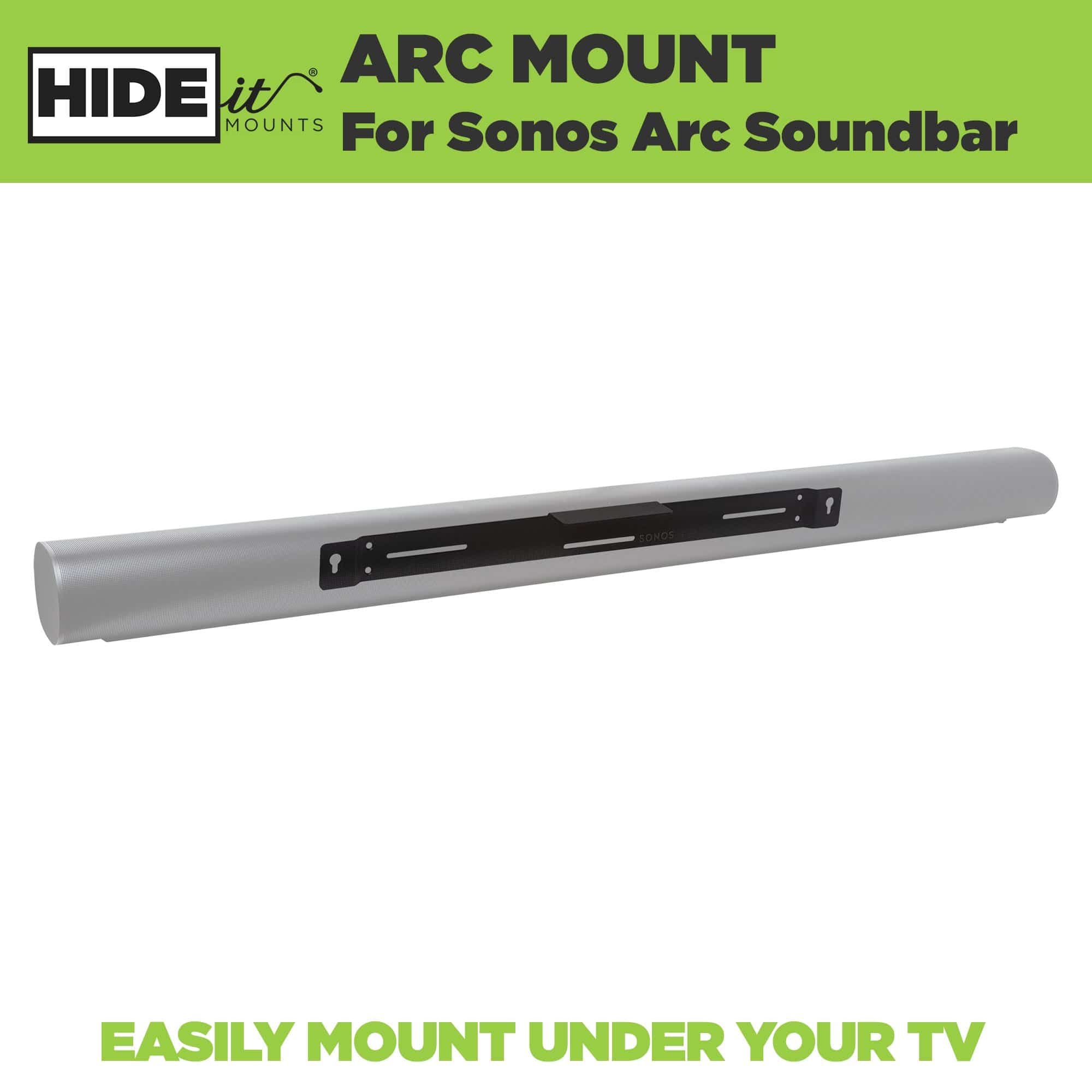 Greyed out Sonos Arc mounted on a steel HIDEit Mount, designed for the Sonos Arc Soundbar.