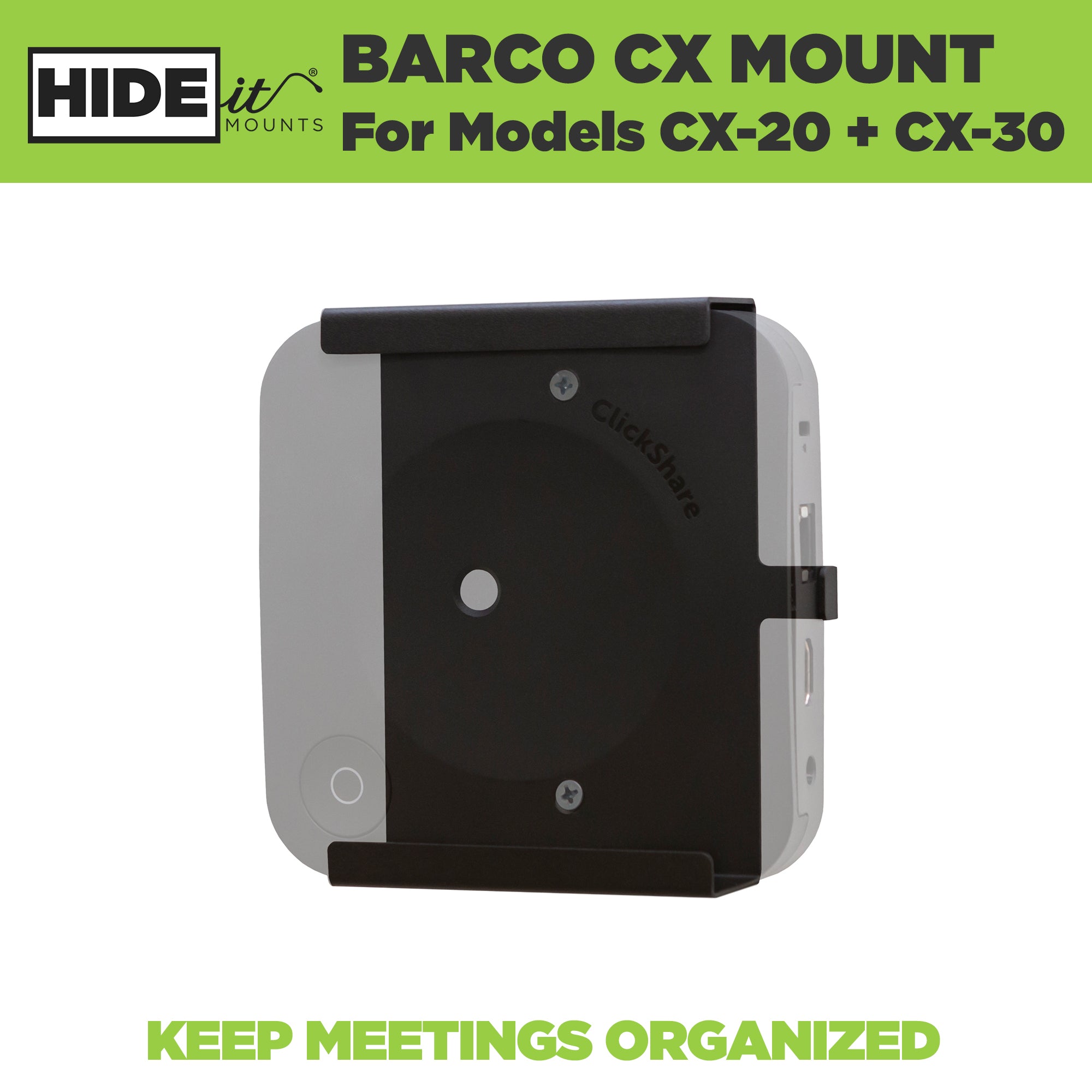 Barco ClickShare CX-20 greyed out in the HIDEit Barco CX Wall Mount. Keep your Barco Clickshares organized when mounted to the wall!