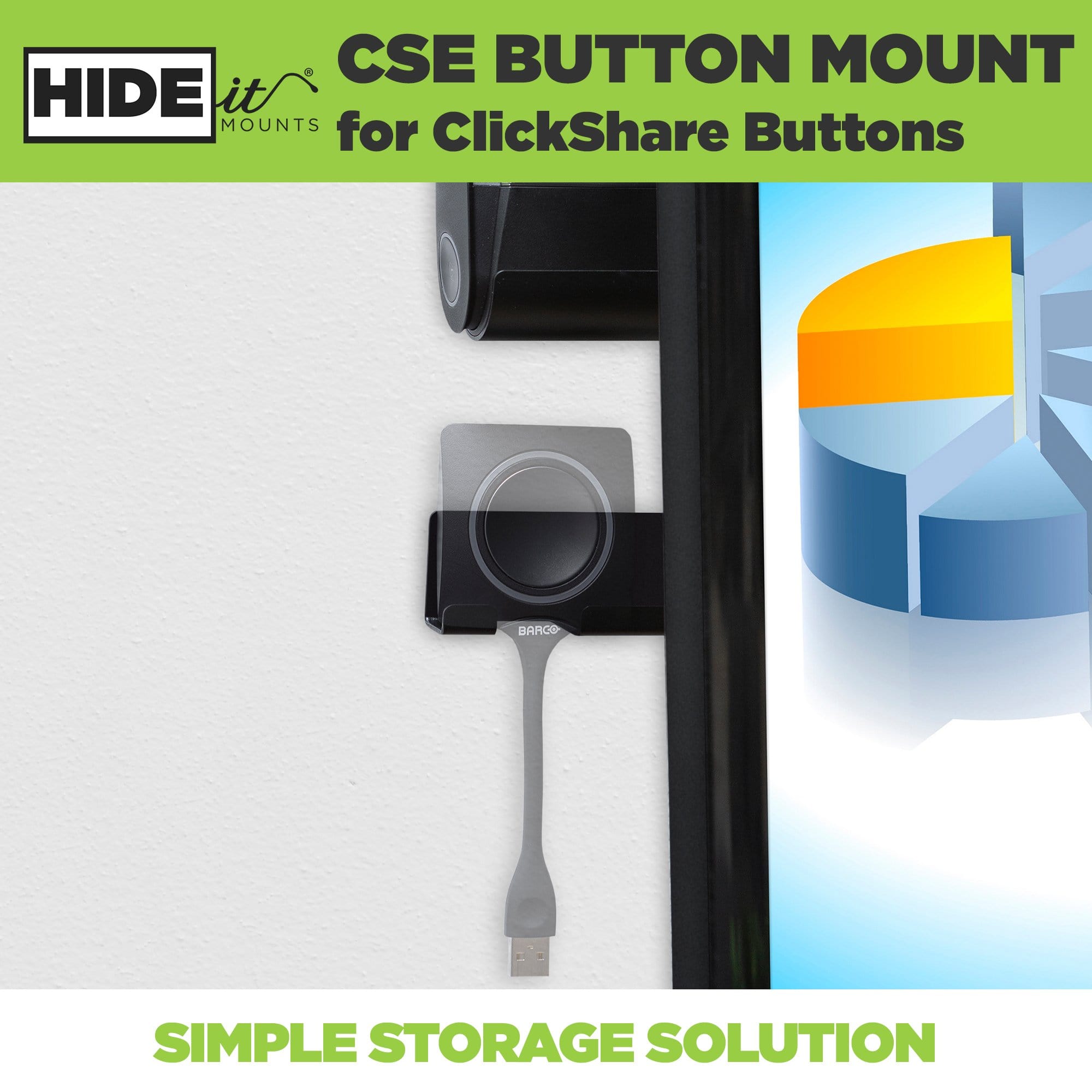 Greyed out ClickShare Dongle securely mounted in HIDEit Mounts steel ClickShare Dongle Holder.