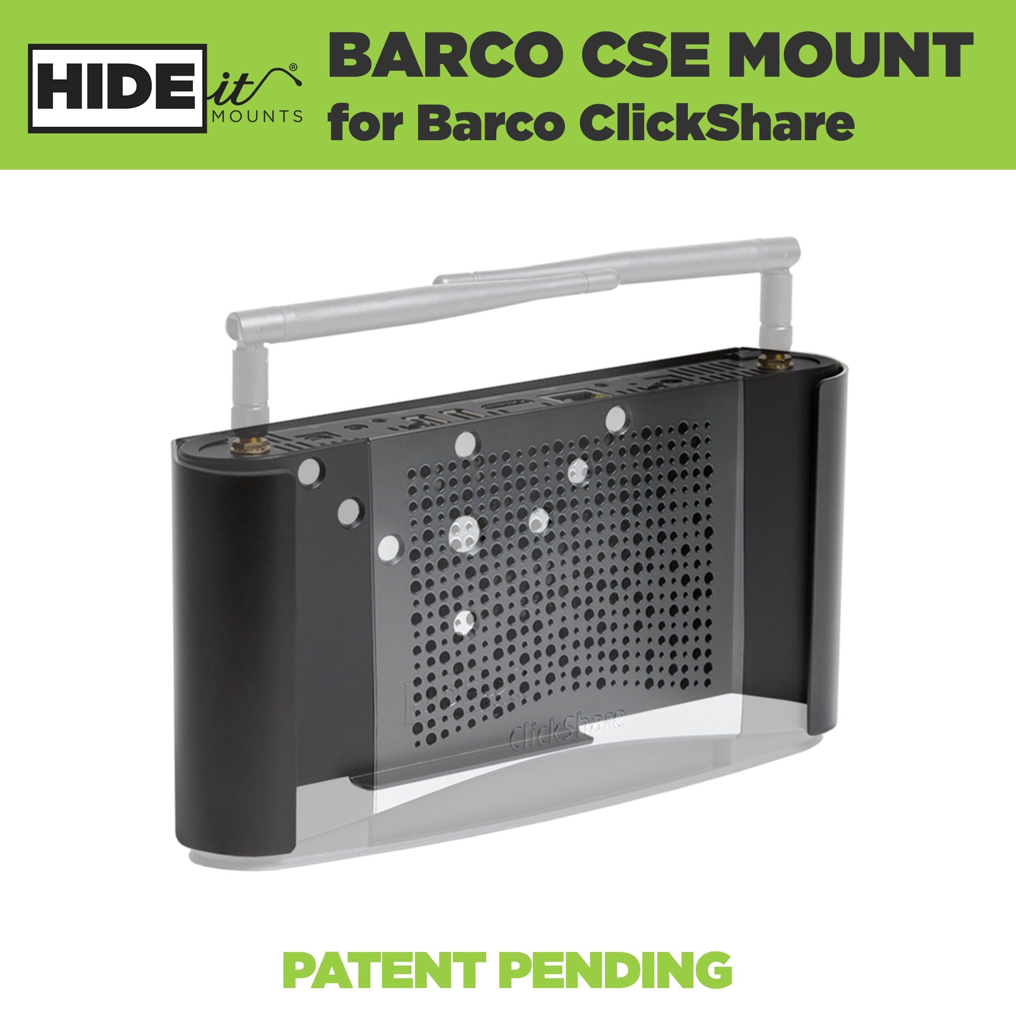 Empty black Barco mount made by HIDEit Mounts designed for wall, under-desk, and VESA mounting.