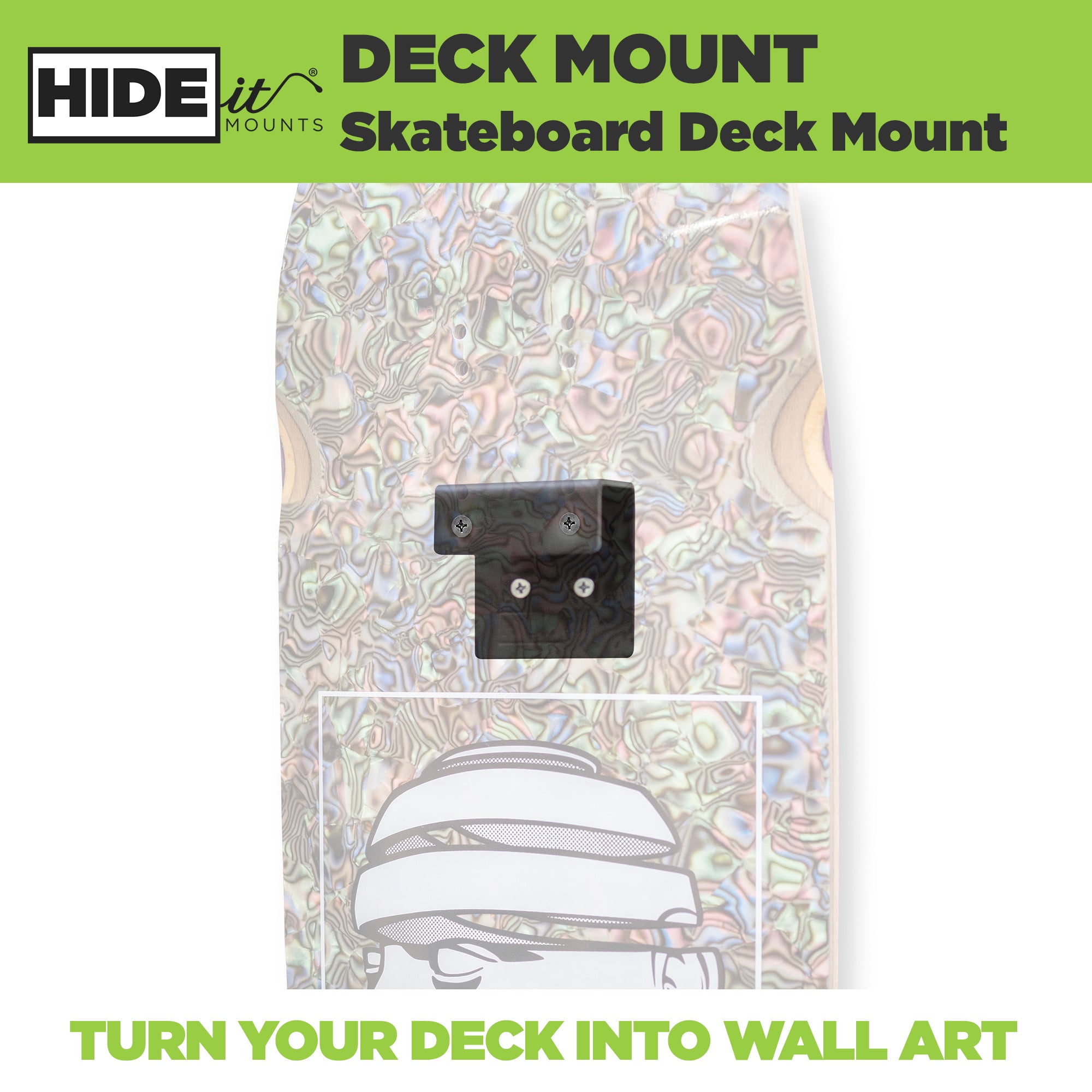 Greyed out skate deck wall mounted in the HIDEit Skateboard Deck Wall Hanger. Perfect for turning skateboard decks into skate decor!