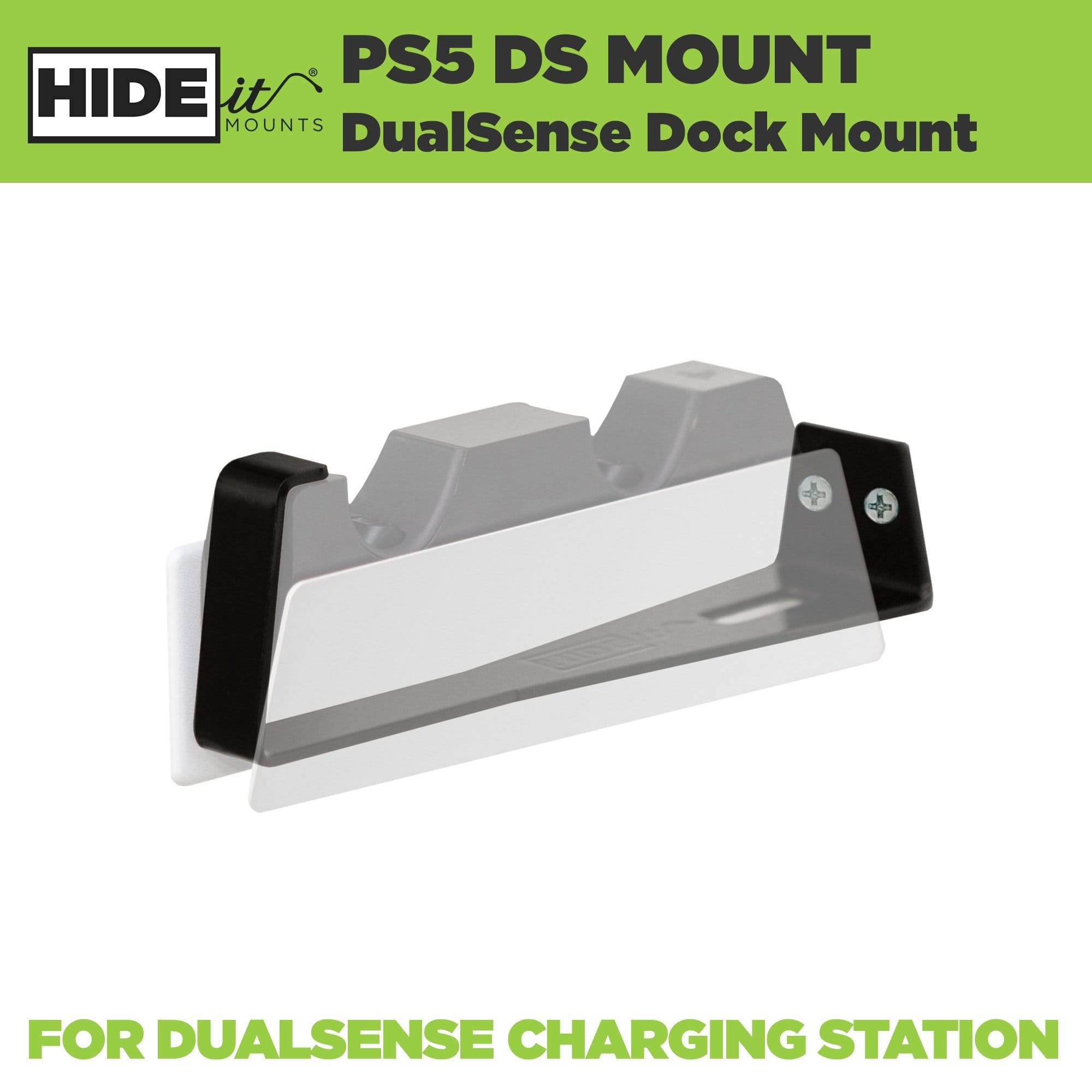 PS5 DualSense charging station shown greyed out in the HIDEit PS5 DualSense Charging Station Wall Mount. 