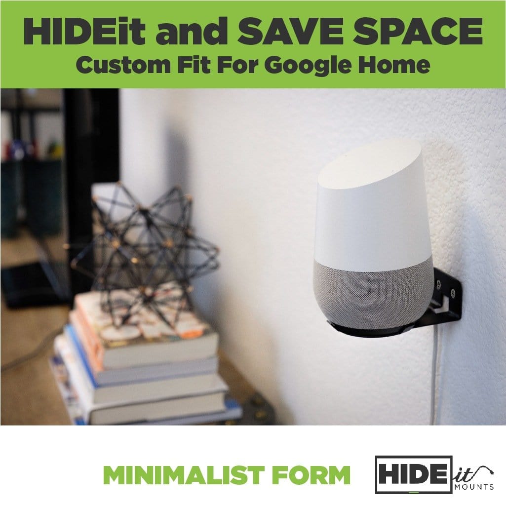 HIDEit Home Mount and Google Home mounted on the wall next to a desk.