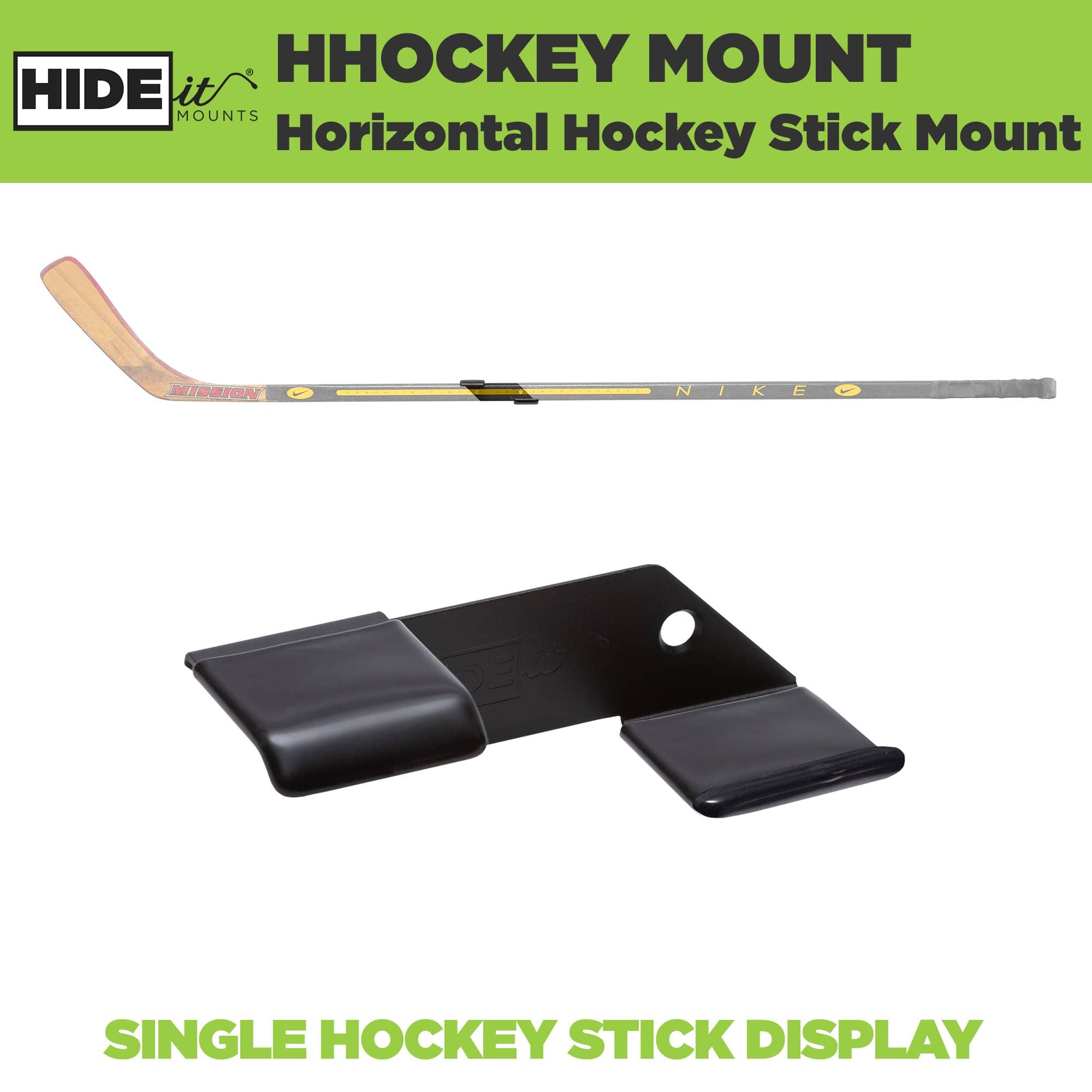 Empty HIDEit Horizontal Hockey Stick Mount shown with hockey stick greyed out above. Perfect to display one hockey stick horizontally.