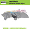 HIDEit MBoard Medium Board Rack greyed out with 2 wakeboards securely held in the mount. Store 2 medium size boards.