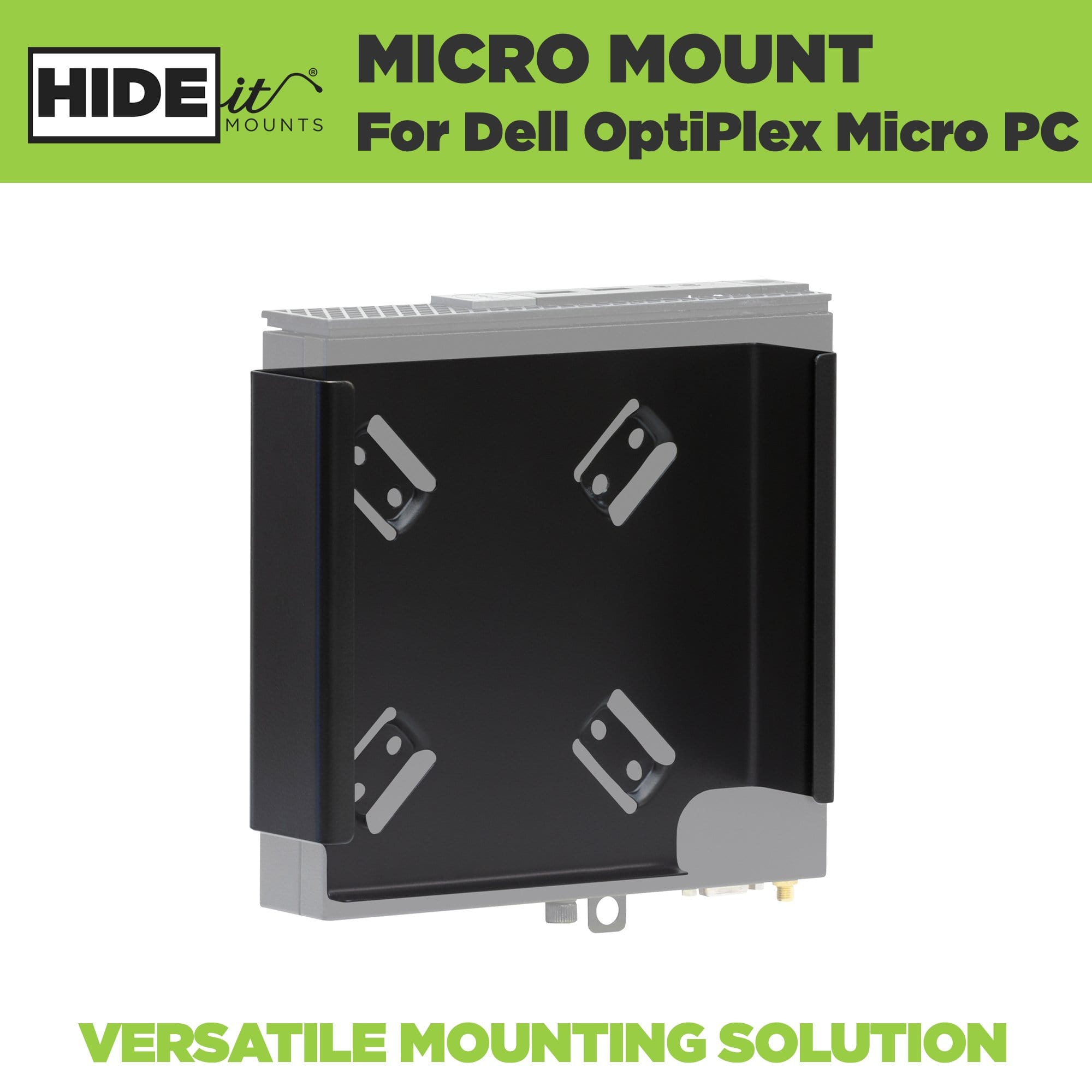 Dell Optiplex Micro securely mounted in the steel HIDEit Dell Optiplex Mount designed for the Dell Micro PC.