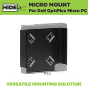 Dell Optiplex Micro securely mounted in the steel HIDEit Dell Optiplex Mount designed for the Dell Micro PC.