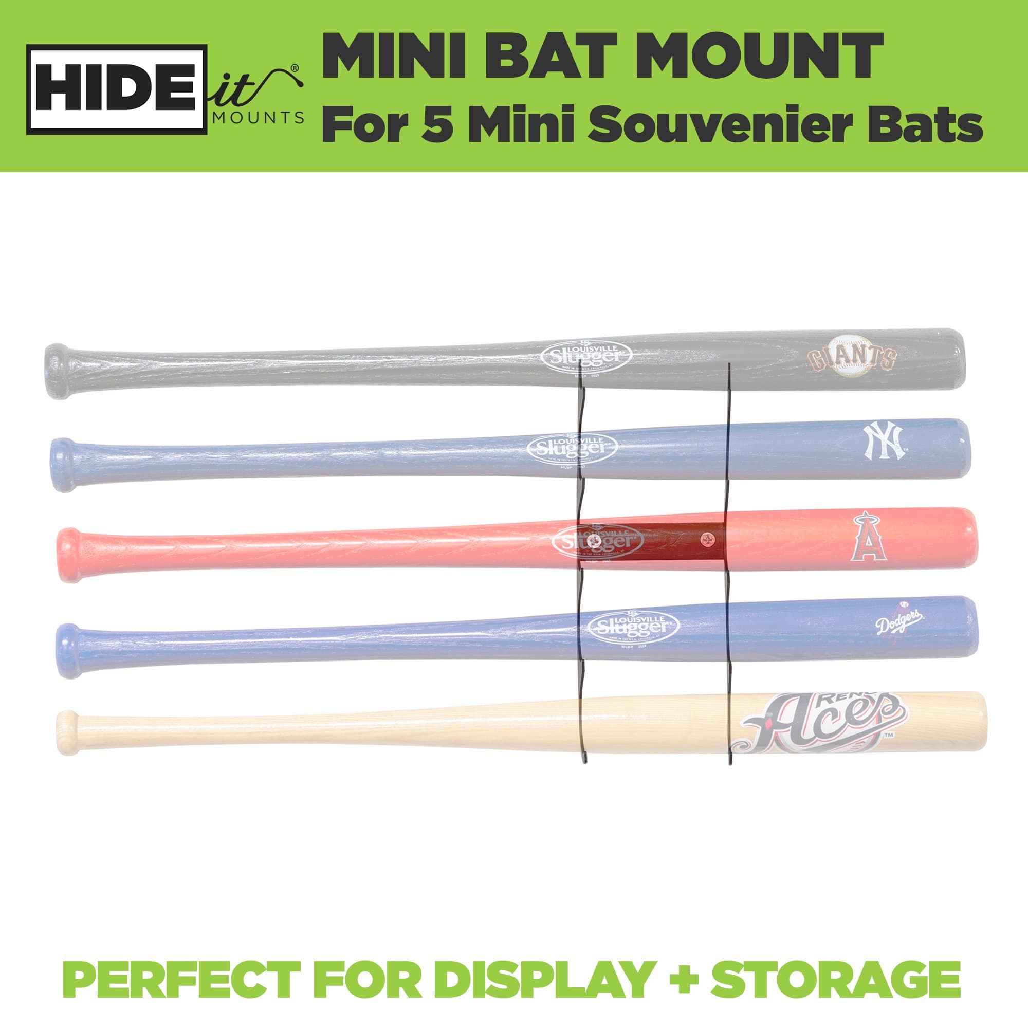 Greyed out image of 5 mini bats displayed on the wall in the HIDEit Horizontal Mini Bat Rack